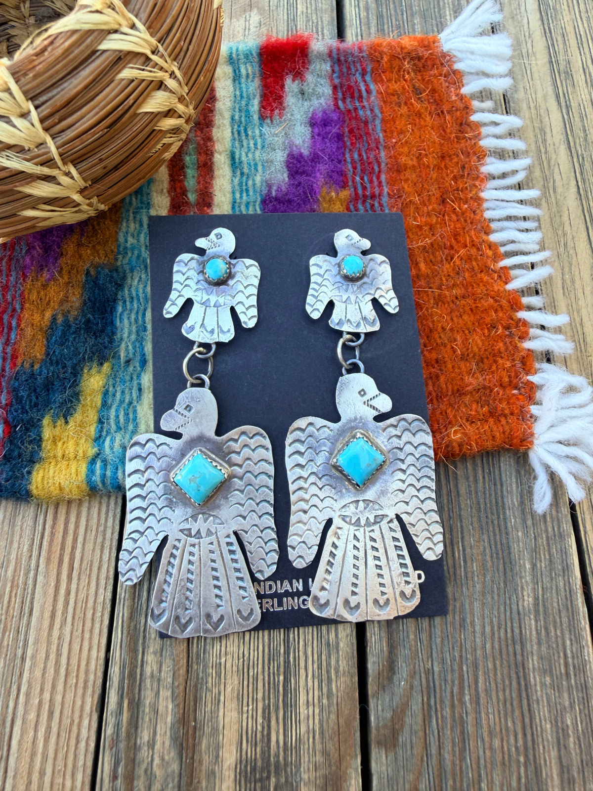 Handcrafted Sterling Silver & Turquoise Thunderbird Dangle Earrings by Gabrielle Yazzie