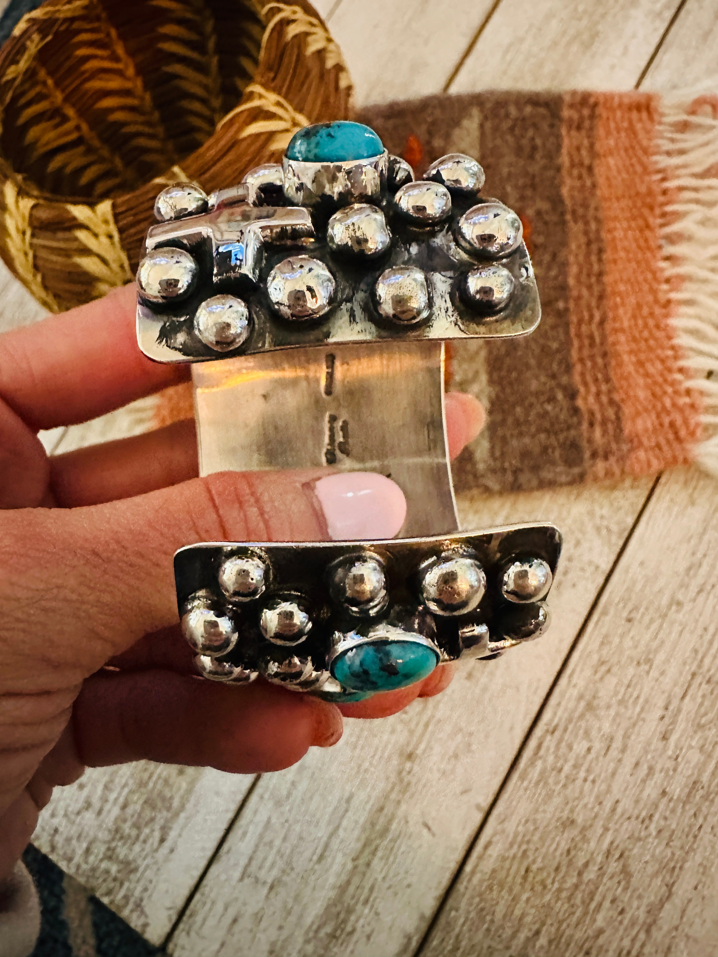 Handcrafted Turquoise & Sterling Silver Cross Cuff Bracelet By Chimney