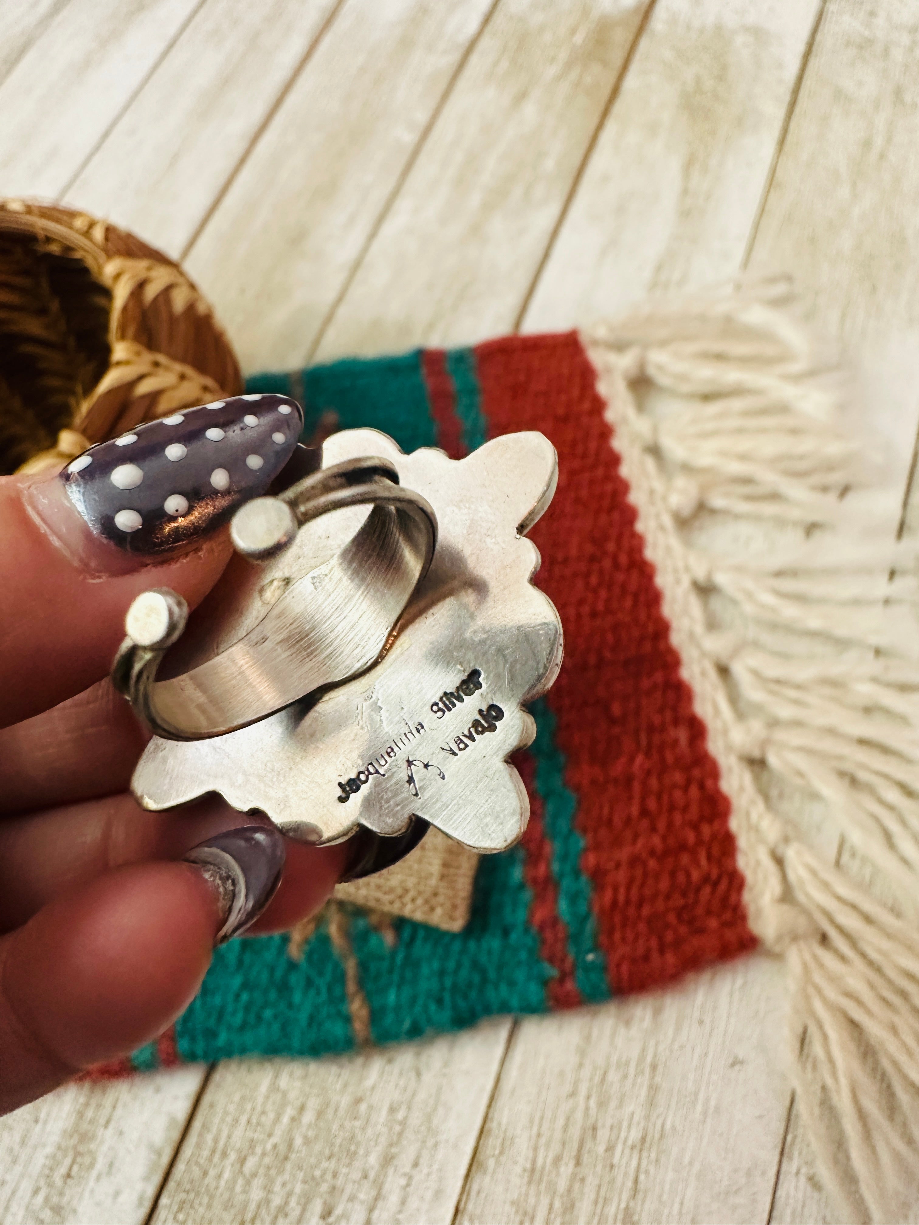 Handcrafted Queen Pink Conch, Mother of Pearl, Turquoise & Sterling Silver Adjustable Ring by Jacqueline Silver