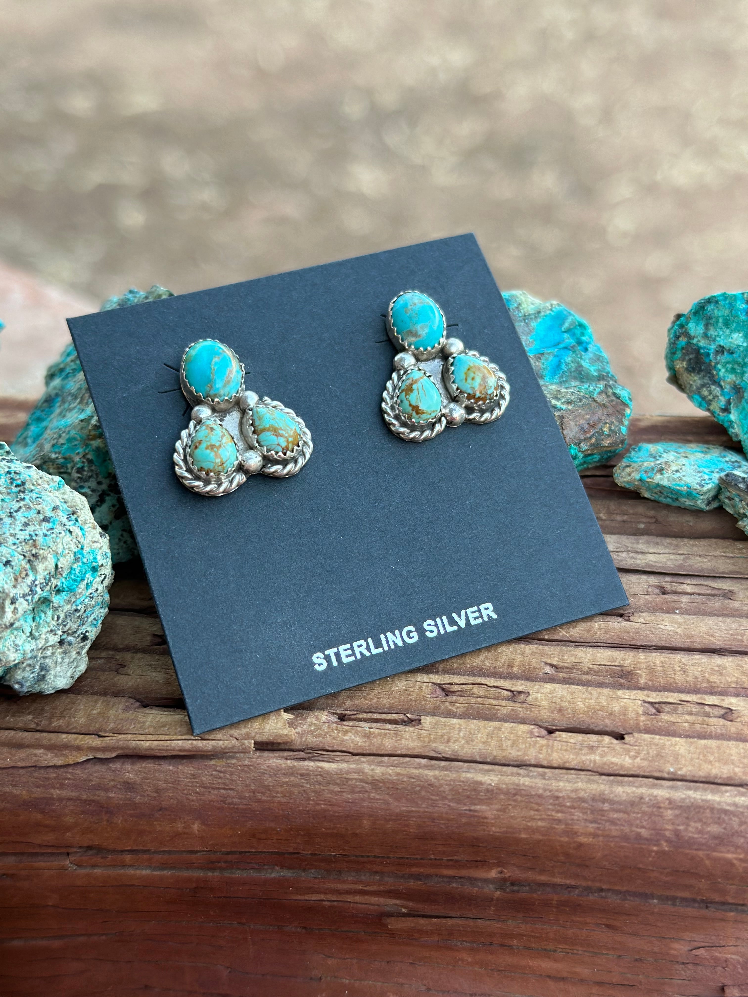 Navajo Kingman Turquoise  Sterling Silver Stud Earrings Signed Maxine Rameriz