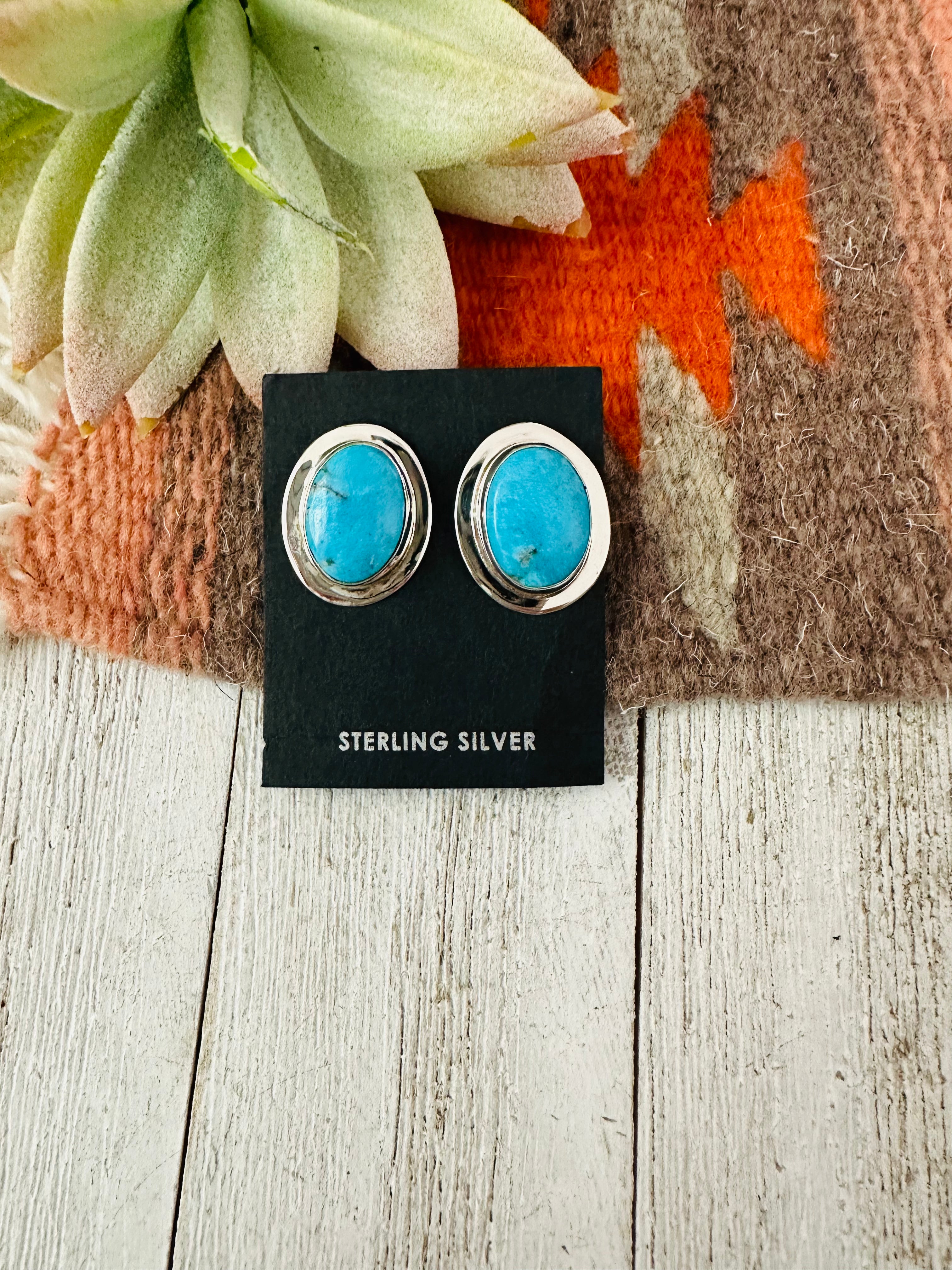 Navajo Turquoise and Sterling Silver Oval Post Earrings