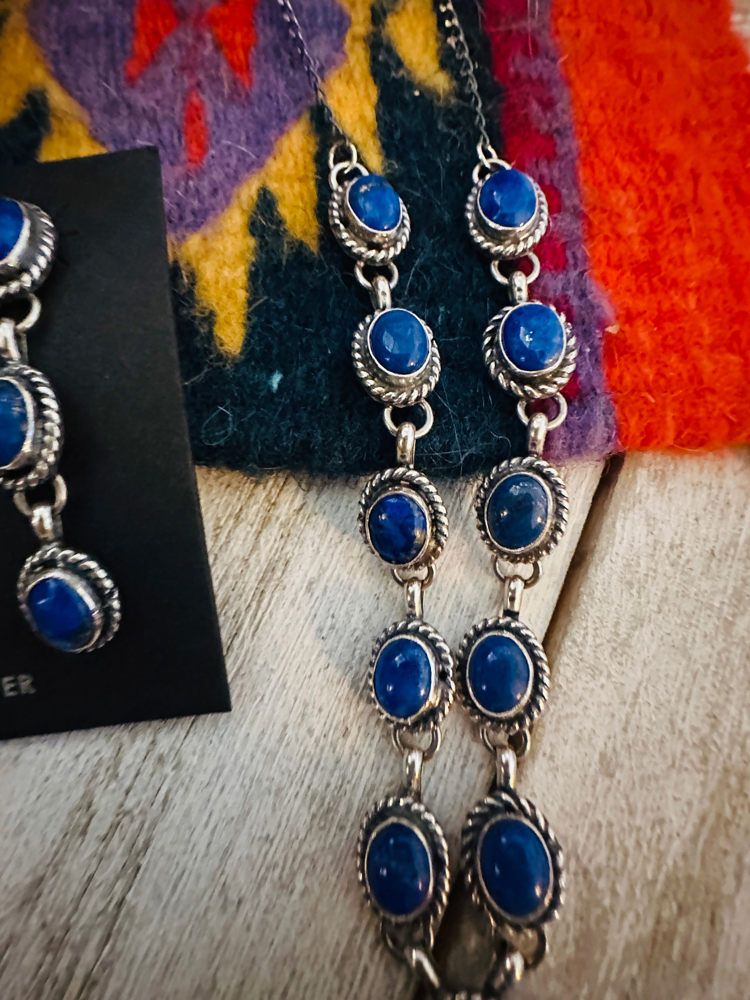 Navajo Sterling Silver & Lapis Lariat Necklace Set