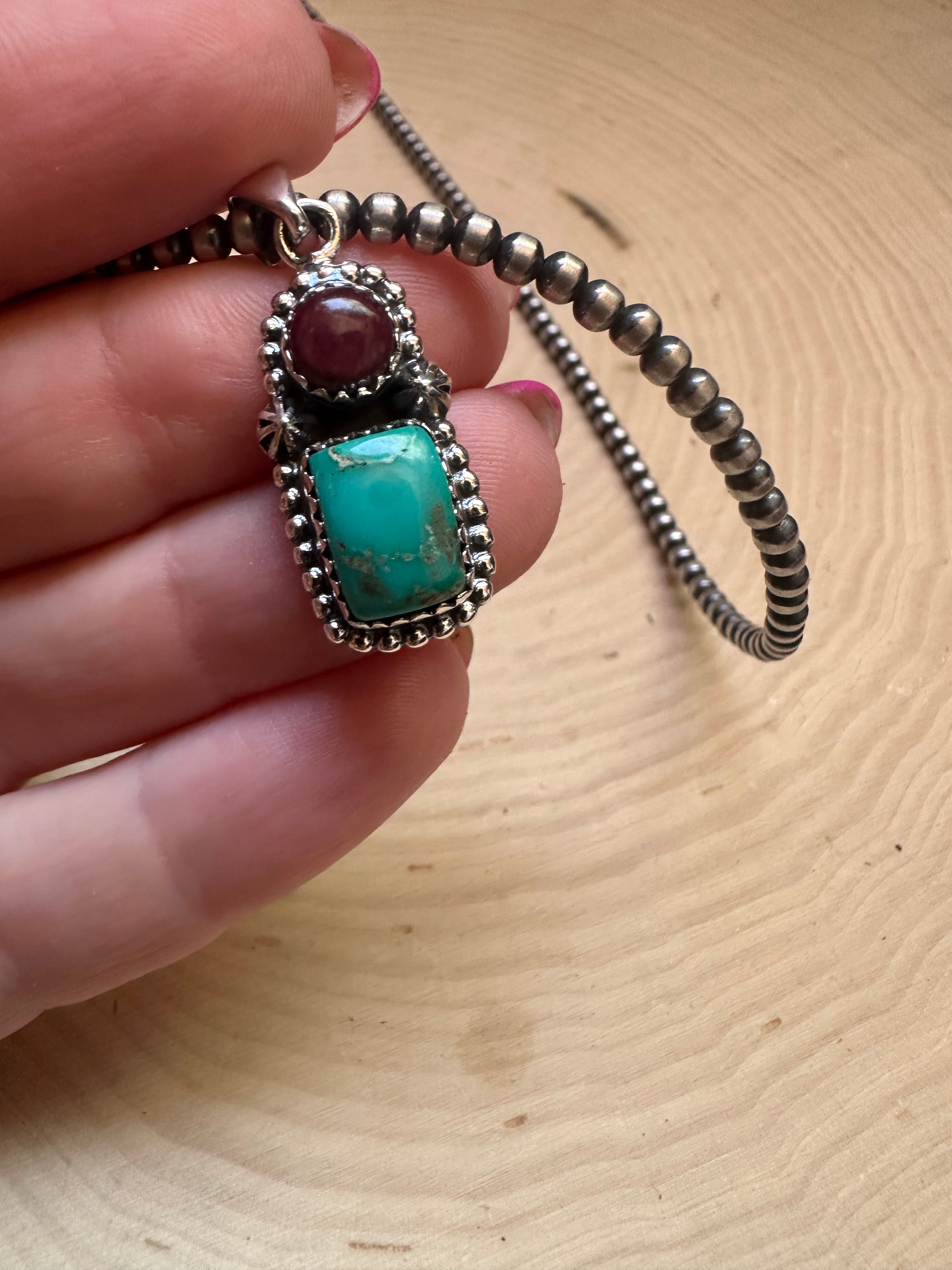 Handmade Purple Spiny, Sonoran Turquoise & Sterling Silver 2 Stone Pendant Signed Nizhoni