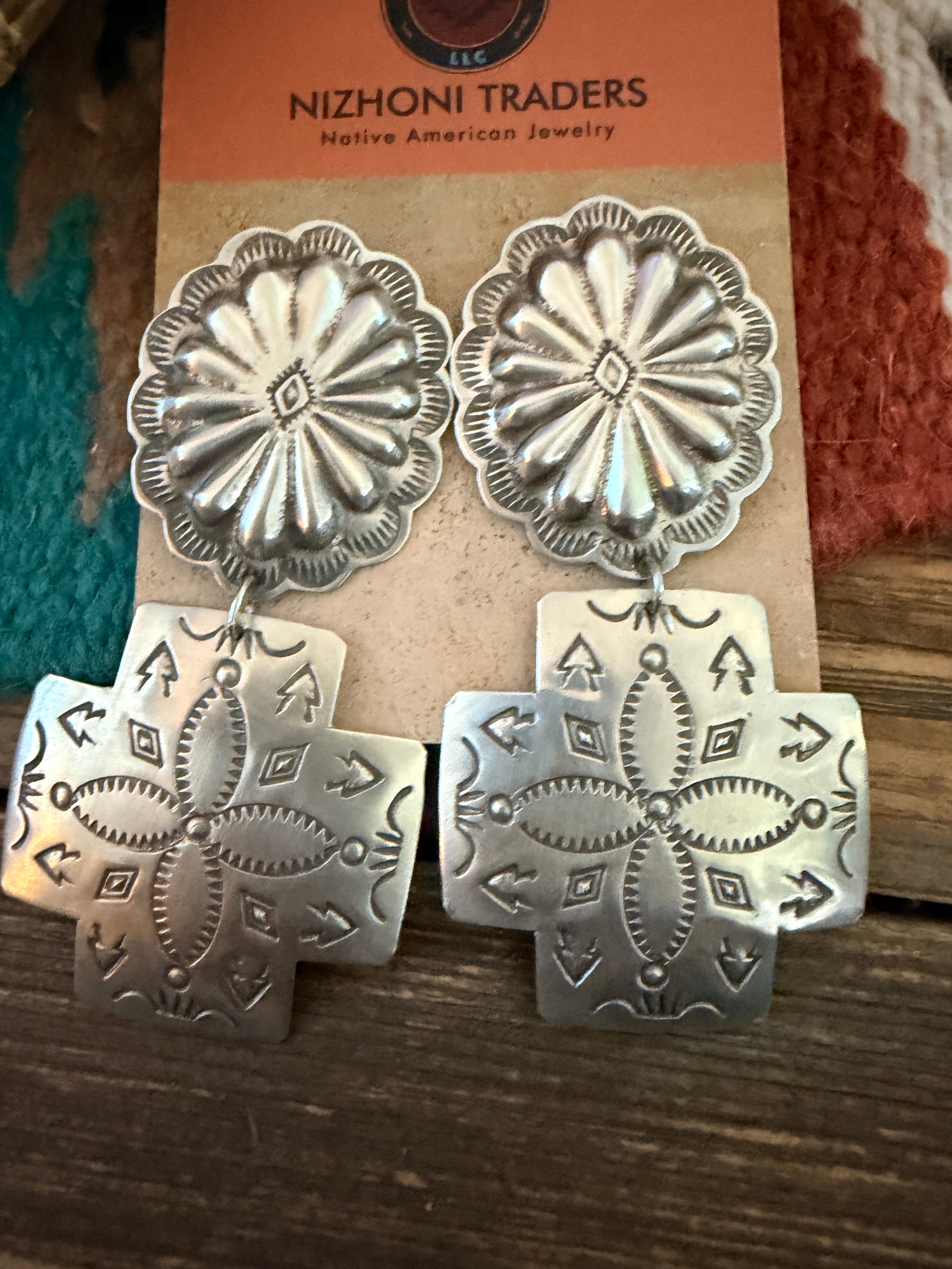 Handcrafted Sterling Silver Concho Cross Dangle Earrings