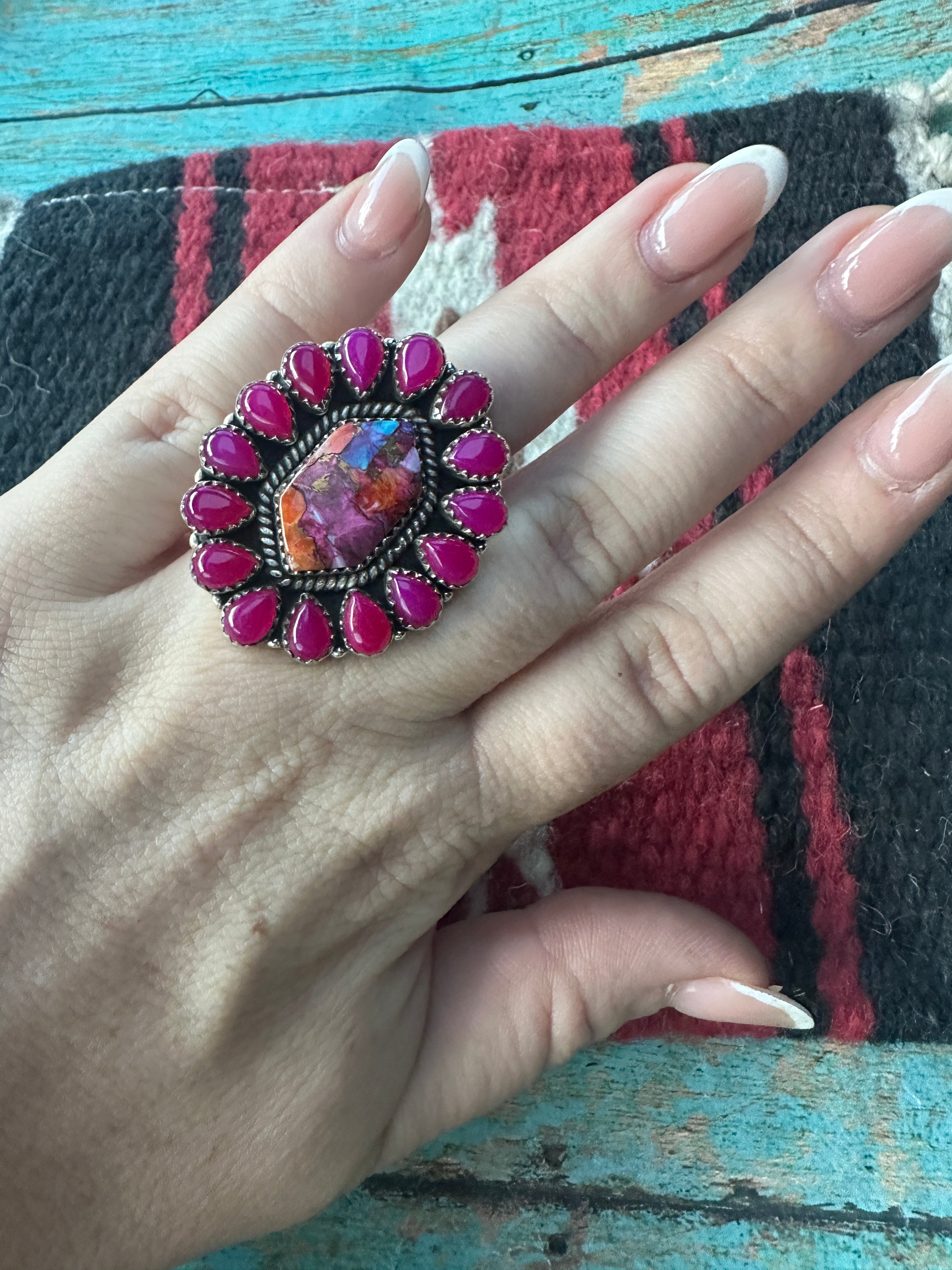 Beautiful Handmade Pink Dream, Pink Onyx And Sterling Silver Adjustable Ring Signed Nizhoni