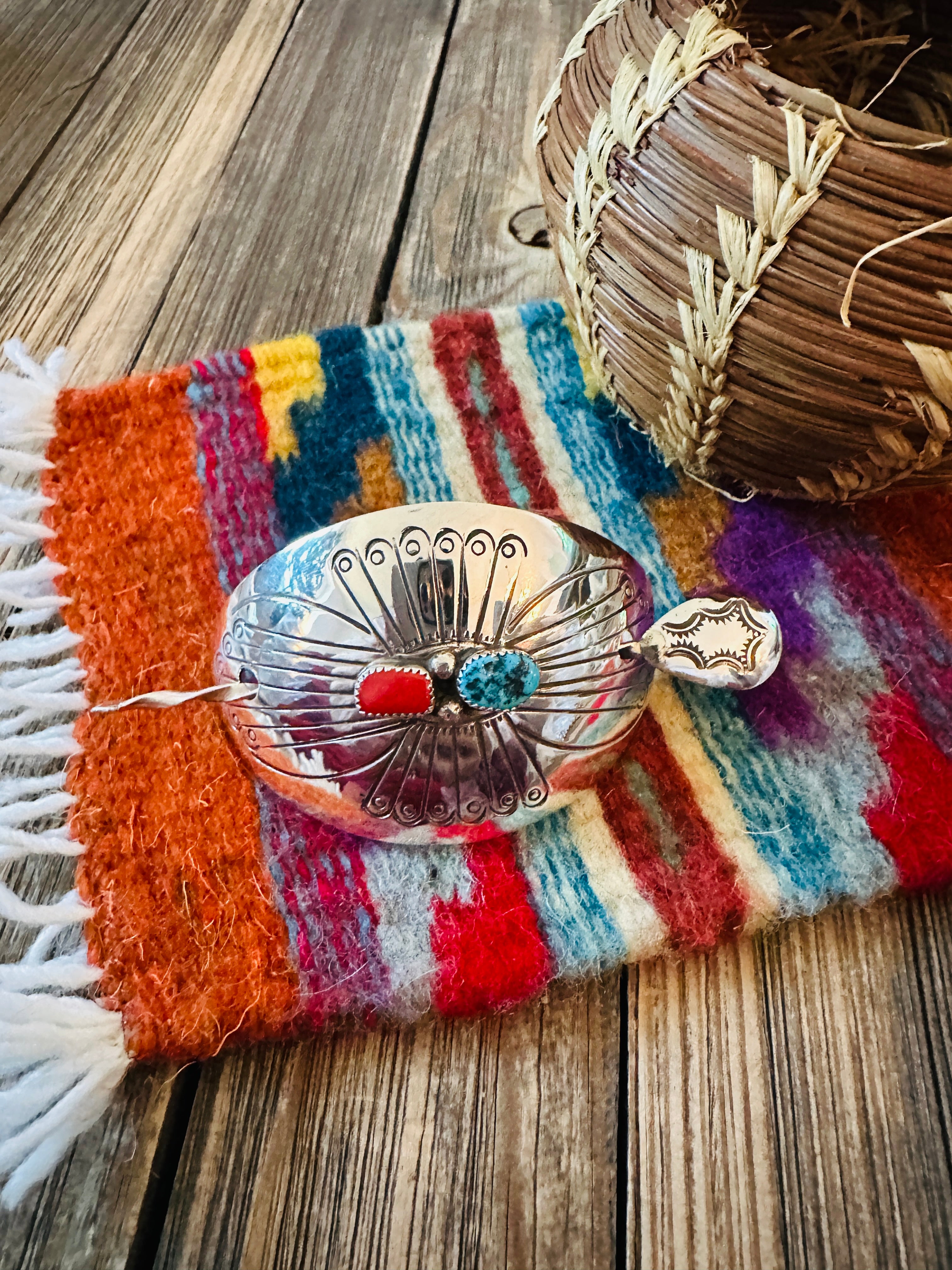 Handcrafted Turquoise, Coral & Sterling Silver Concho Hair Pin