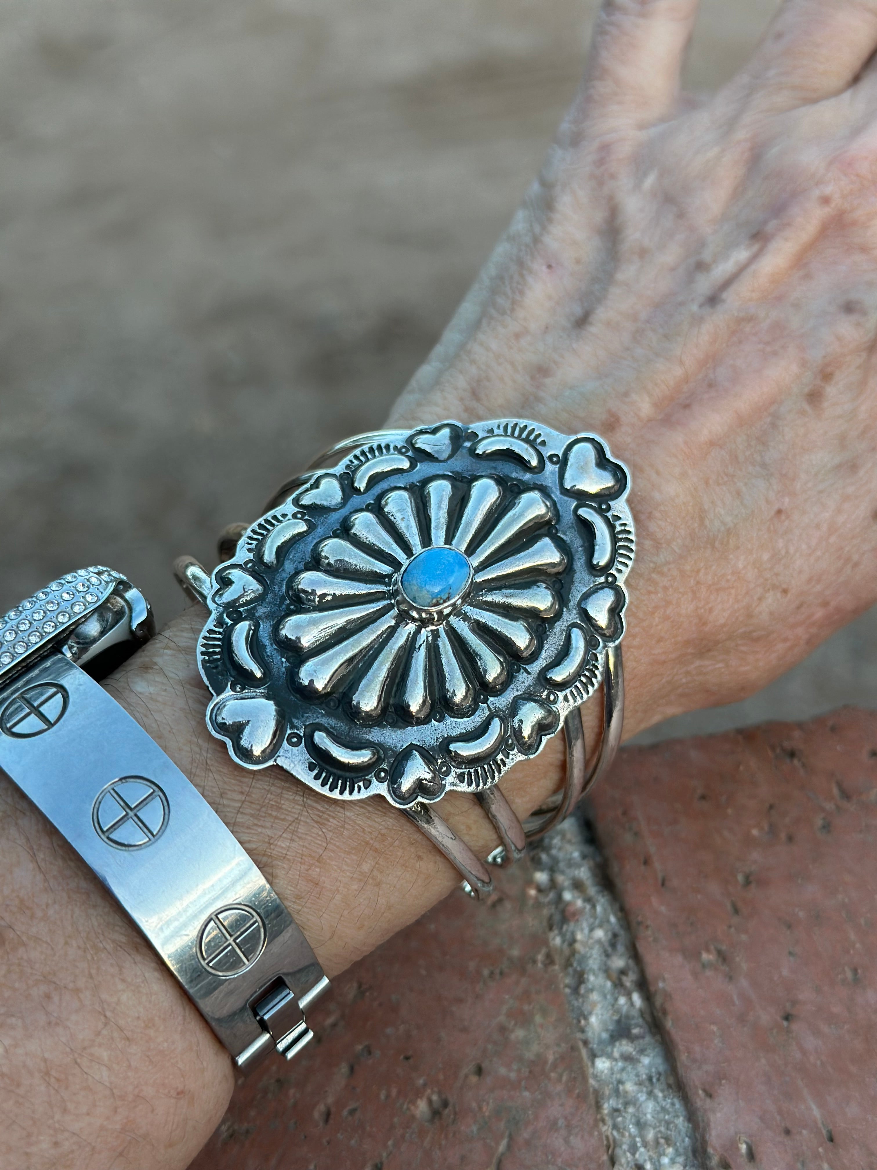 Handmade Sterling Silver & Golden Hills Turquoise Concho Cuff