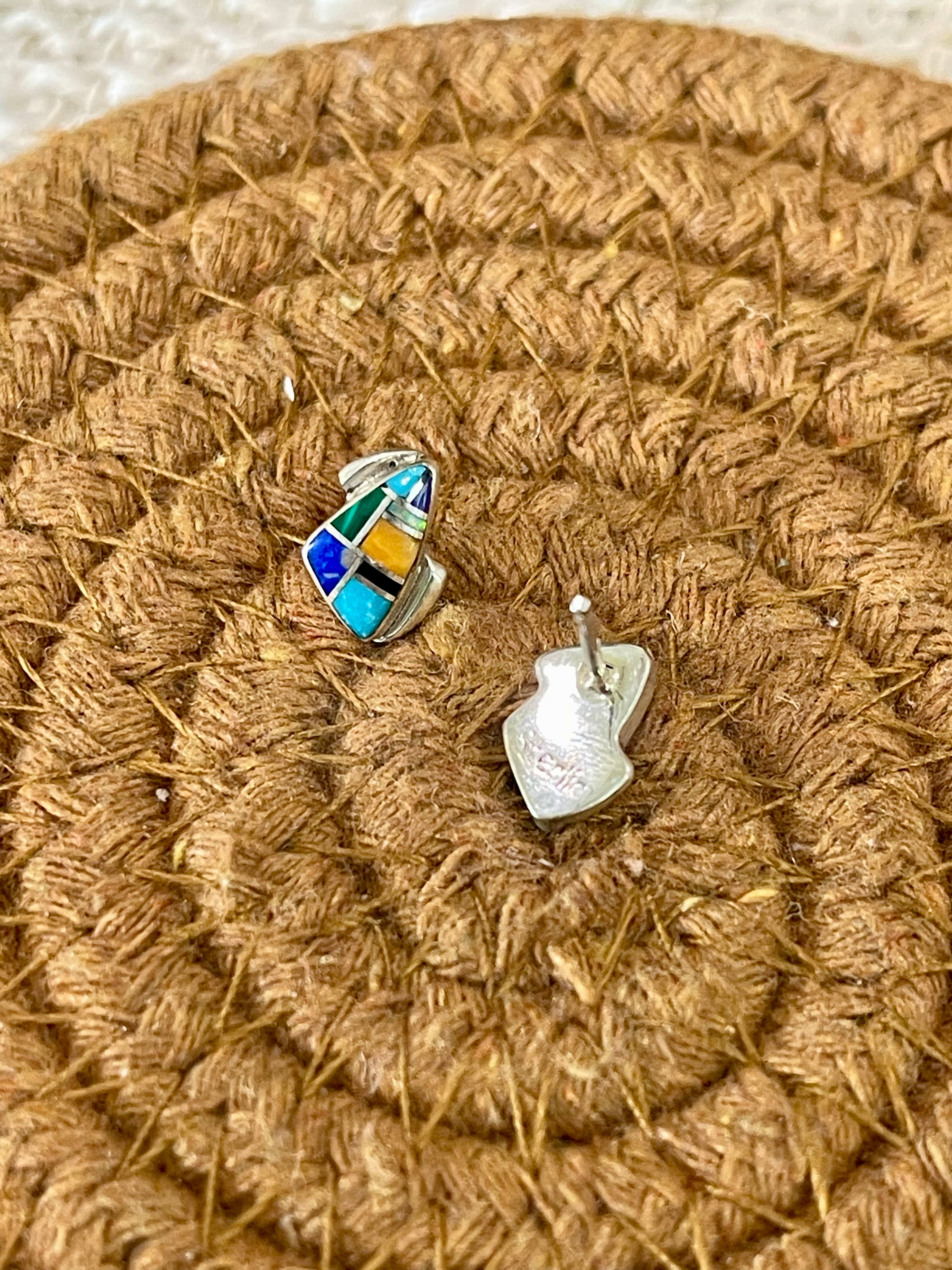 Beautiful Handmade Sterling Silver & Multi Stone Inlay Stud Earrings