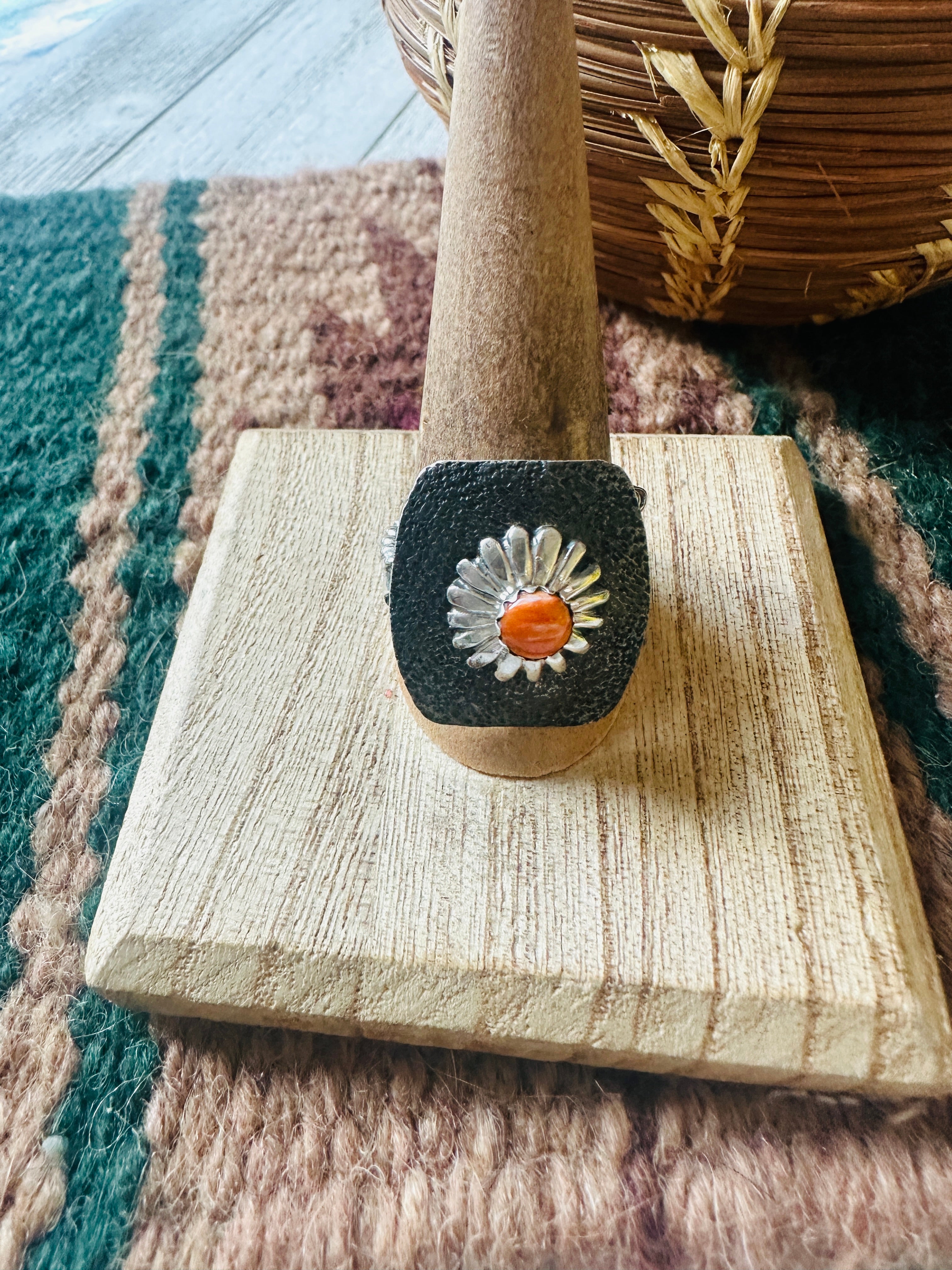 Navajo Sterling Silver & Orange Spiny Concho Adjustable Ring