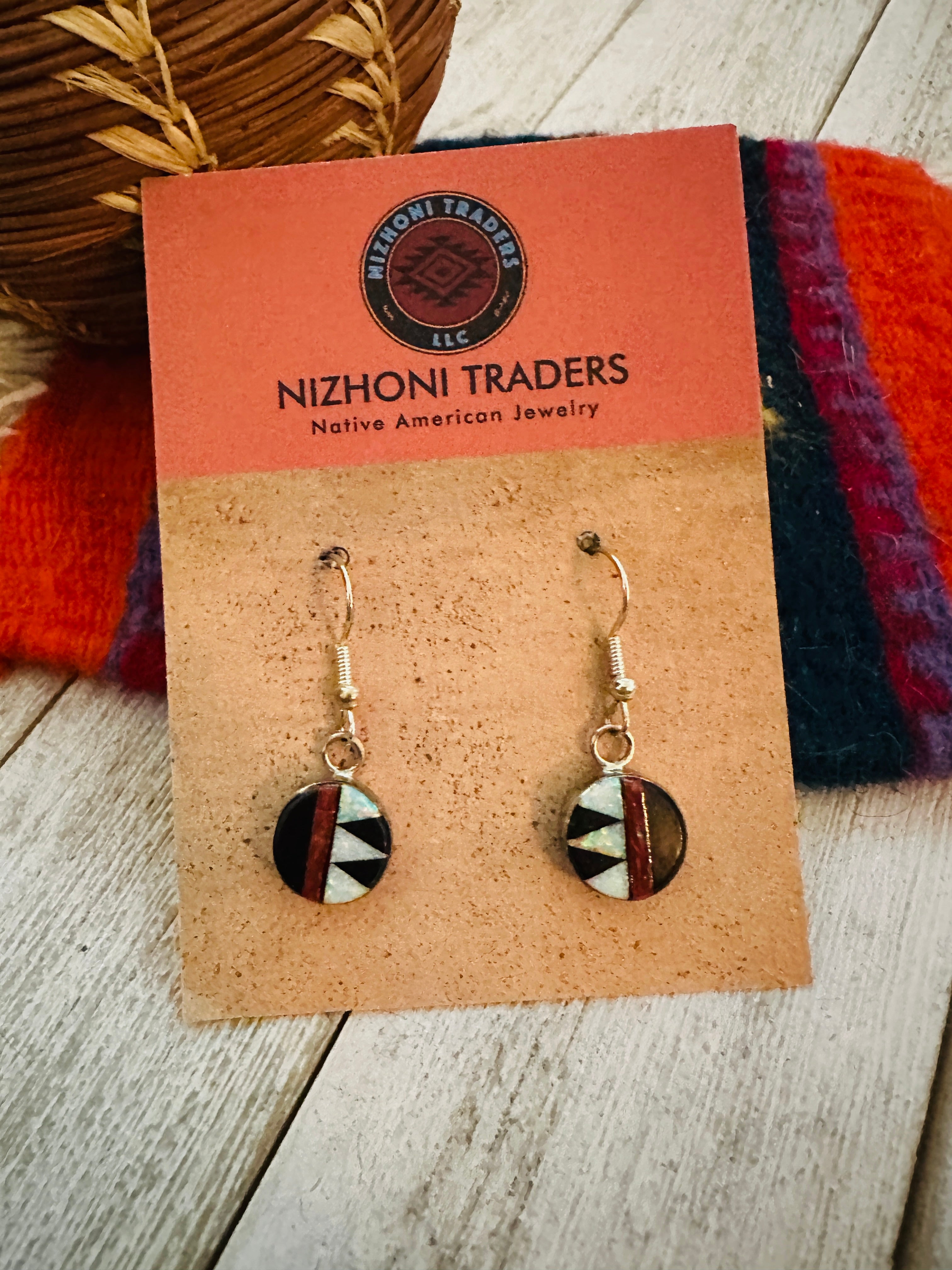 Zuni Multi Stone & Sterling Silver Inlay Dangle Earrings