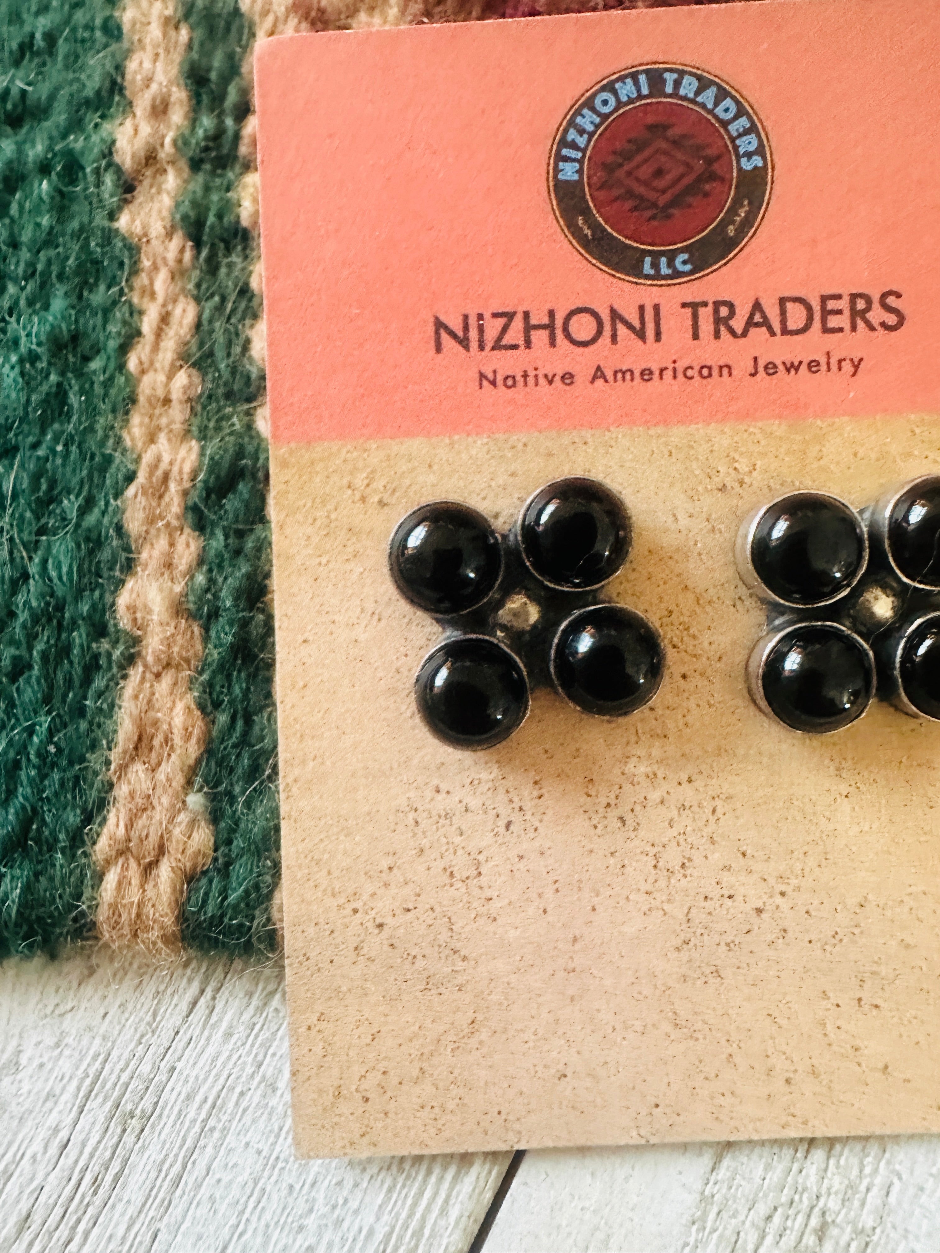 Navajo Onyx & Sterling Silver Cluster Post Earrings