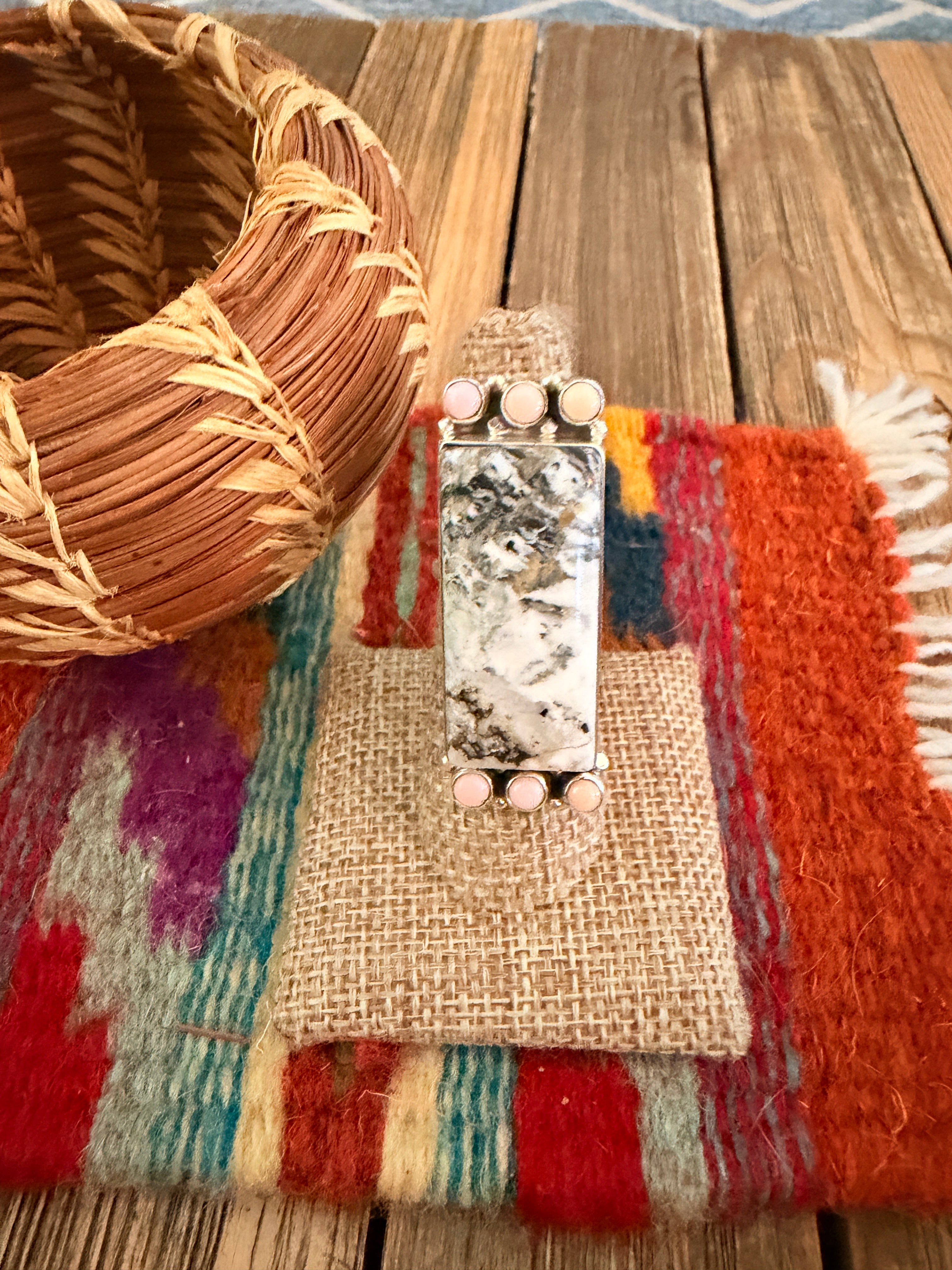 Handcrafted White Buffalo & Queen Pink Conch & Sterling Silver Adjustable Ring
