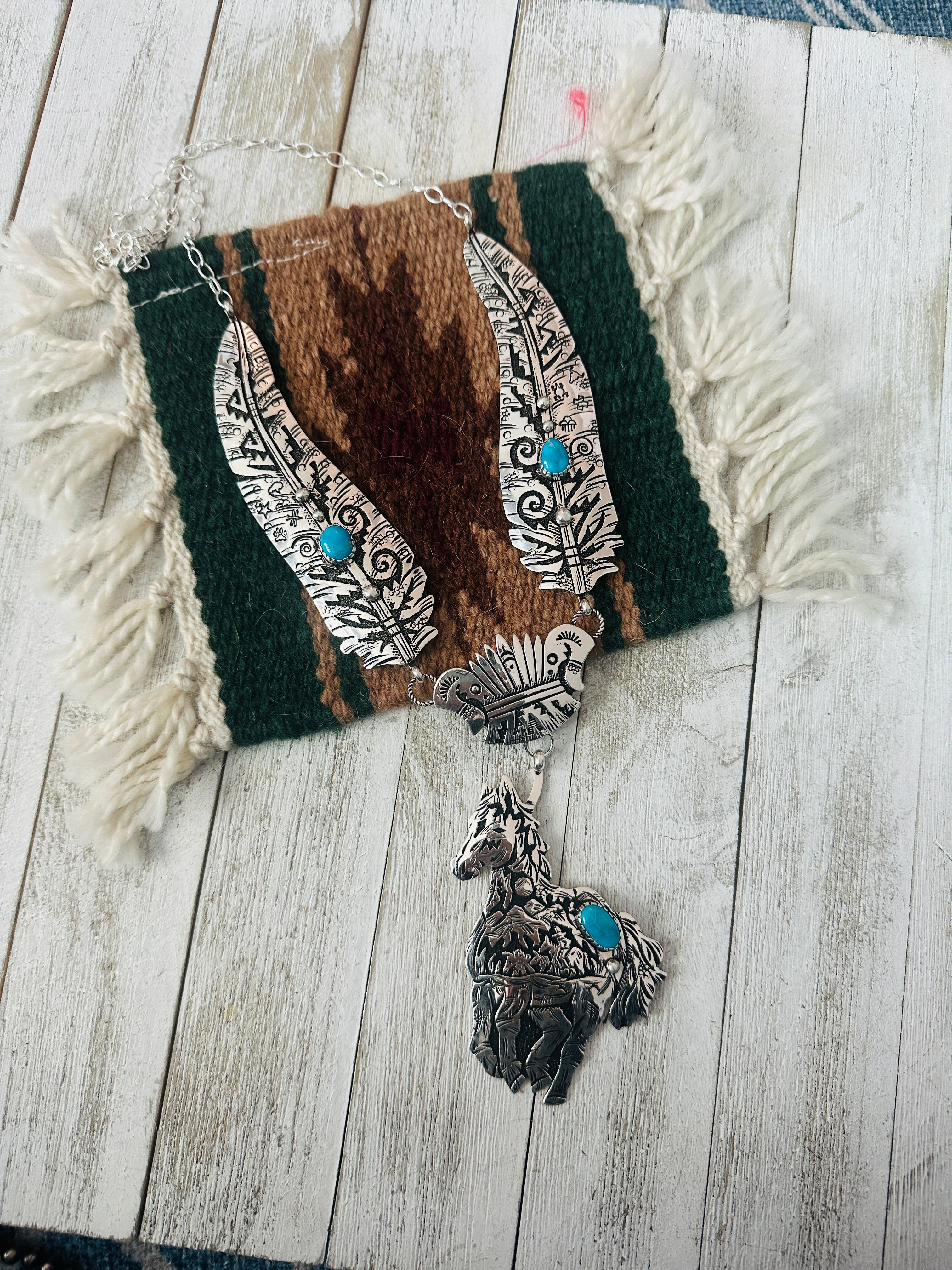 Navajo Sterling Silver & Turquoise Horse Necklace by Richard Singer