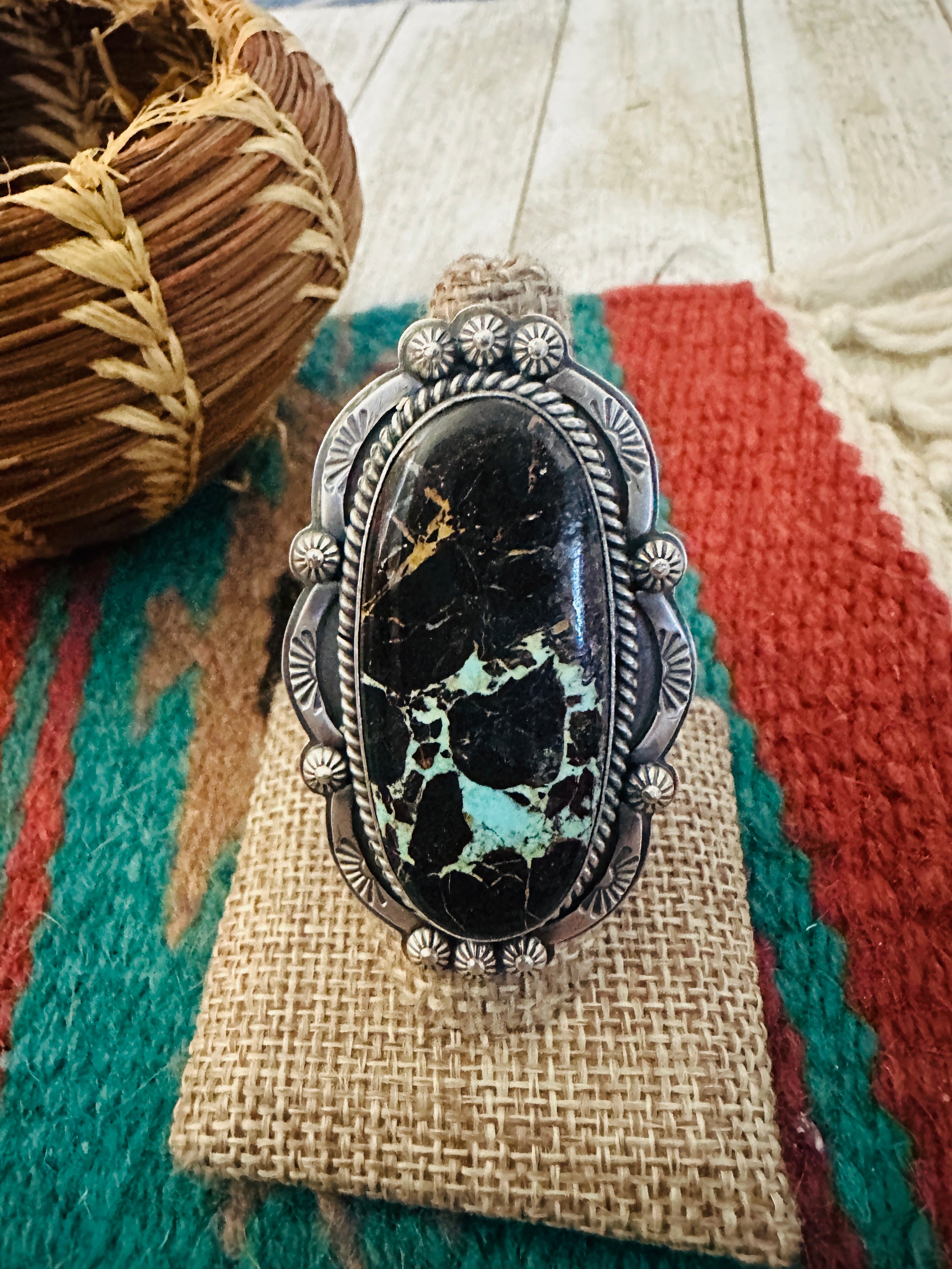 Handcrafted Blackjack Turquoise & Sterling Silver Adjustable Ring