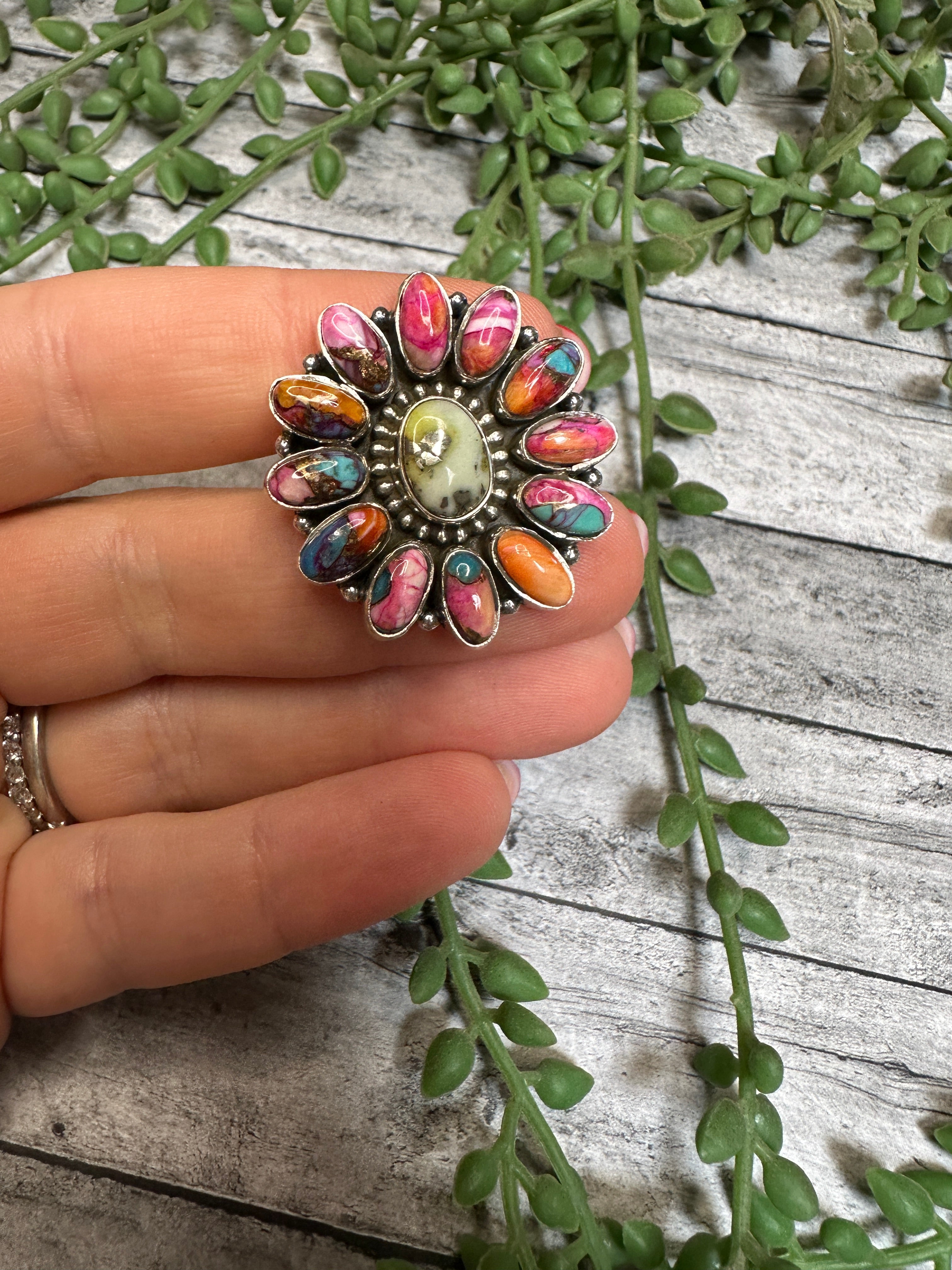 Beautiful Handmade Pink Dream Mojave & Palomino Turquoise And Sterling Silver Adjustable Cluster Ring