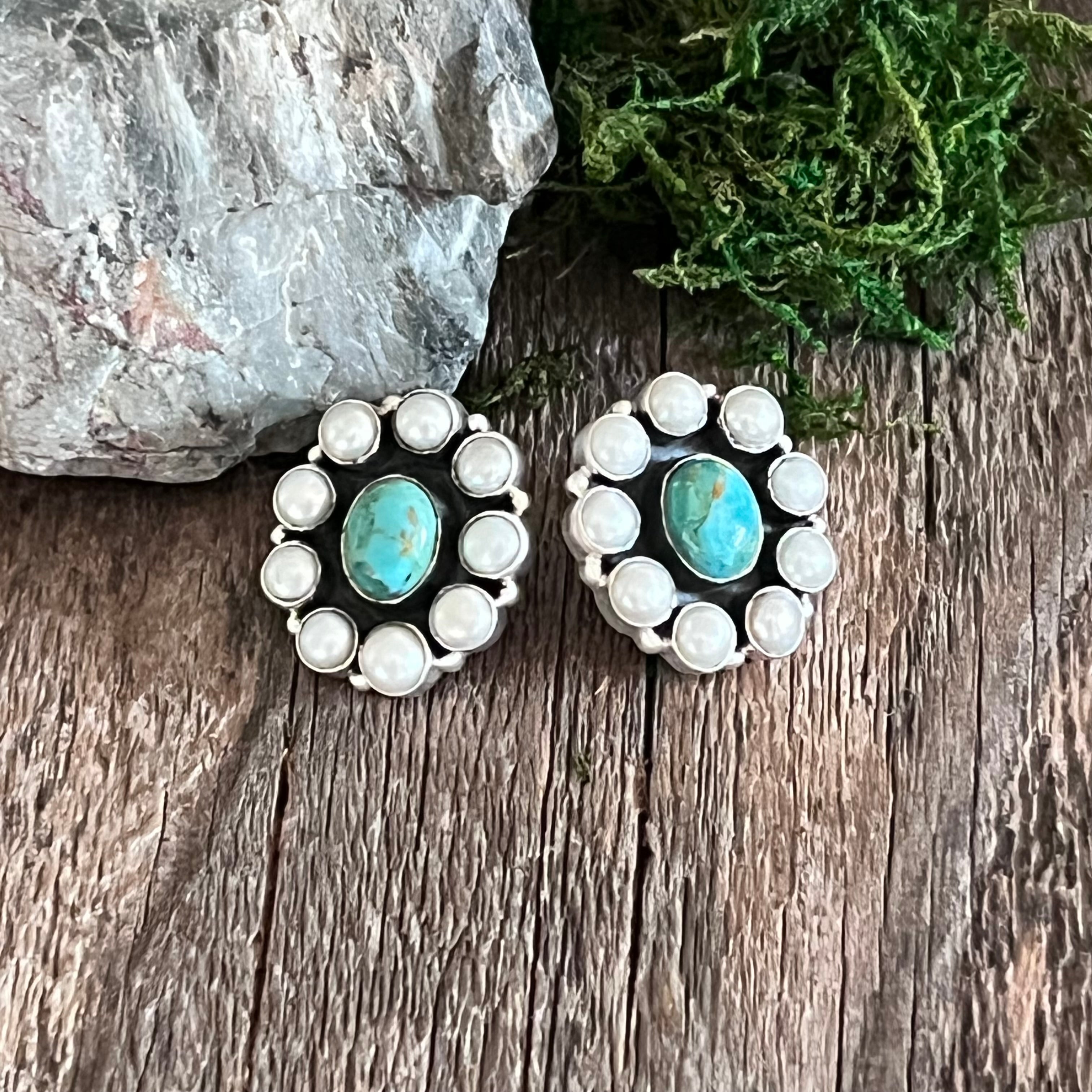 Handmade Sterling Silver Turquoise & Mother of Pearl Cluster Stud Earrings