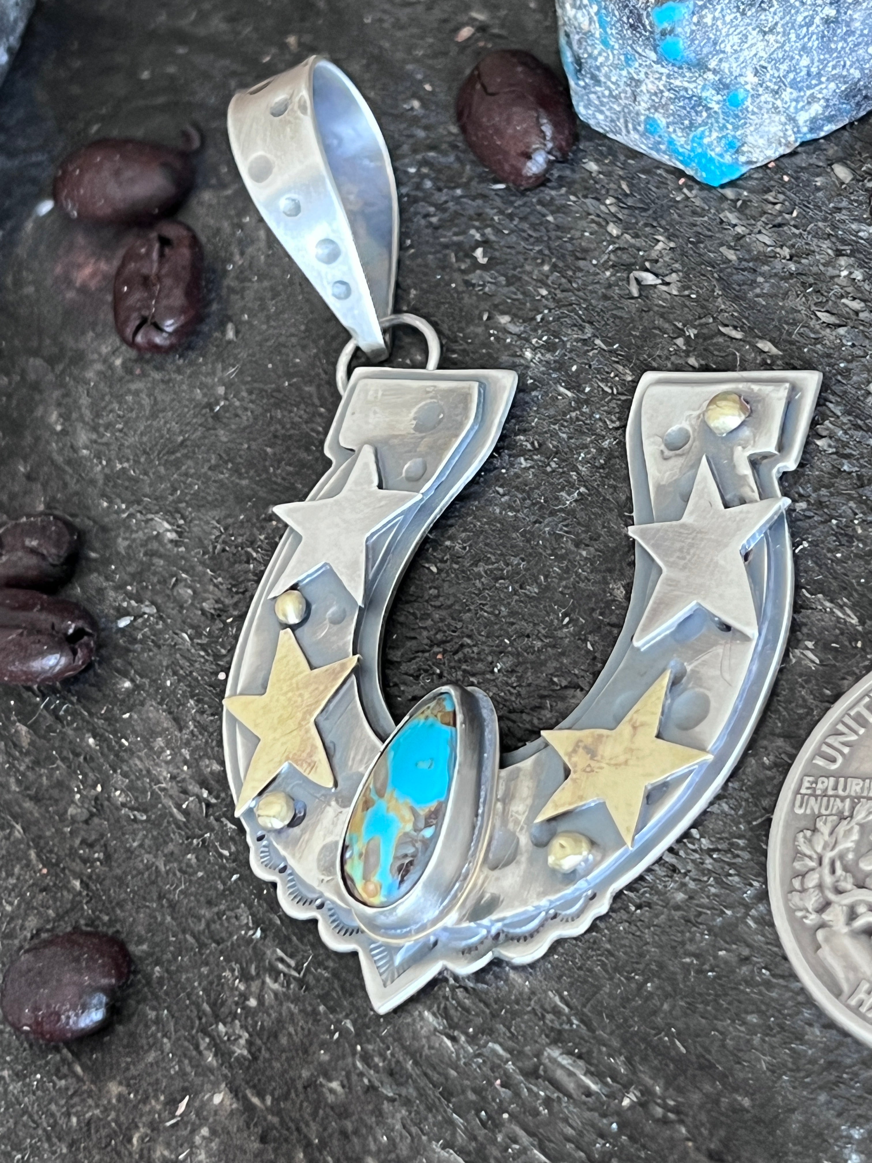 Kimari Somers Hand Stamped Sterling Silver Star Horseshoe Pendant with Brass Accents & Royston Turquoise