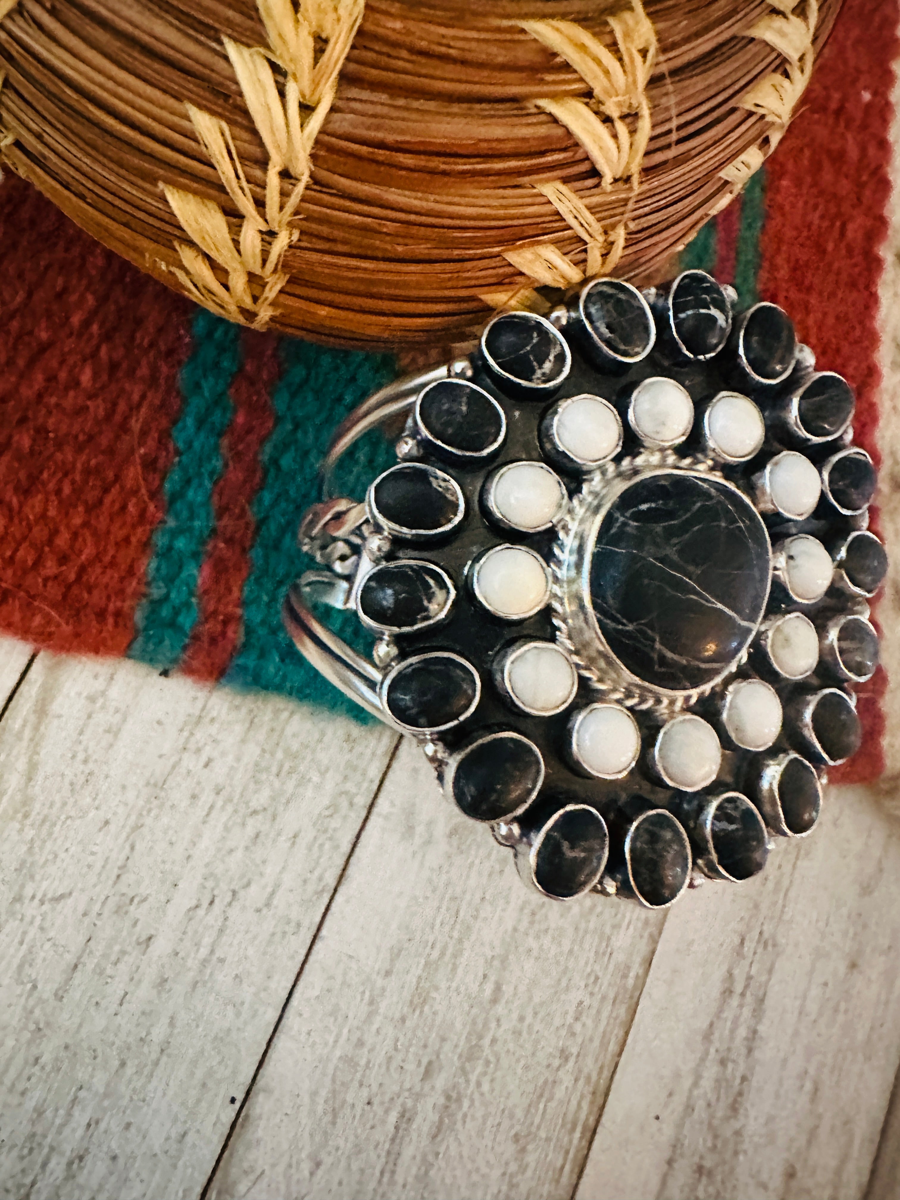 Navajo White Buffalo & Sterling Silver Cluster Cuff Bracelet