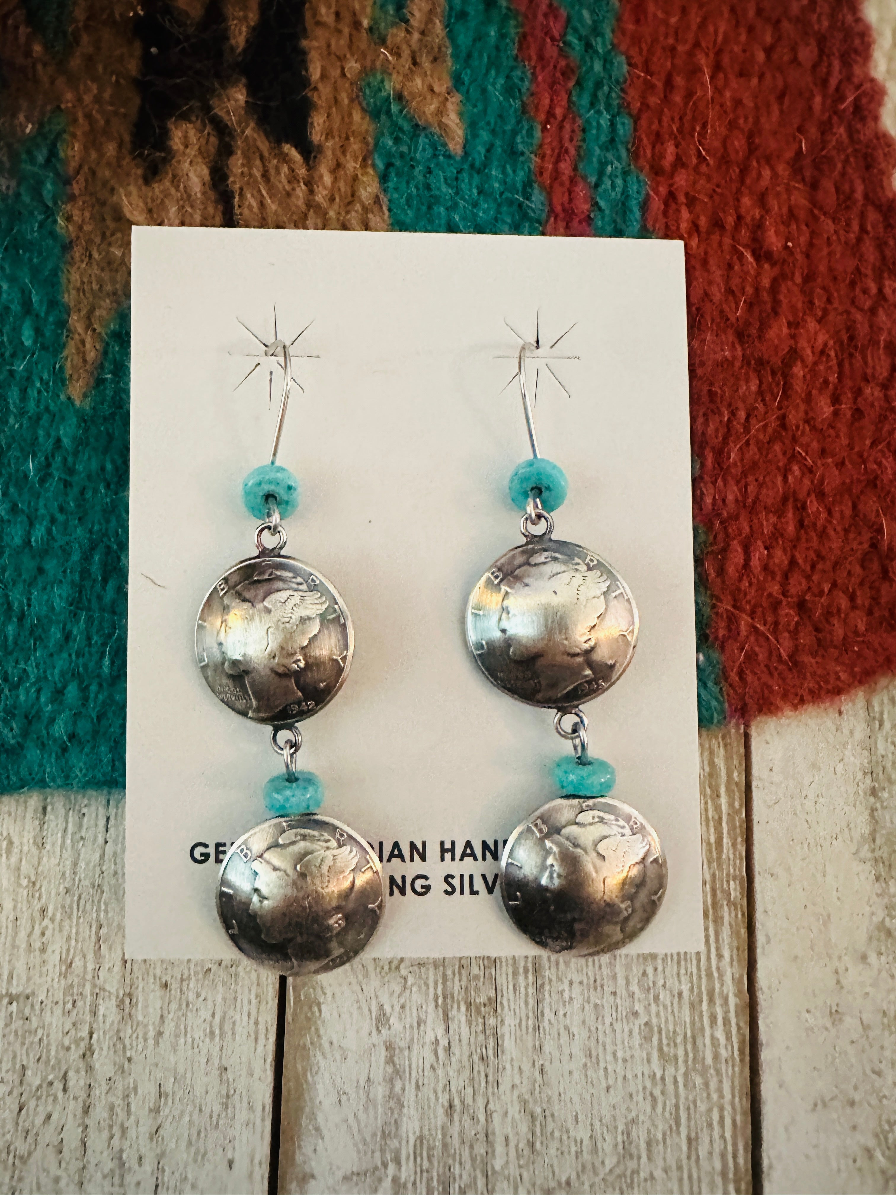 Navajo Turquoise & Sterling Silver  Liberty Dime Dangle Earrings