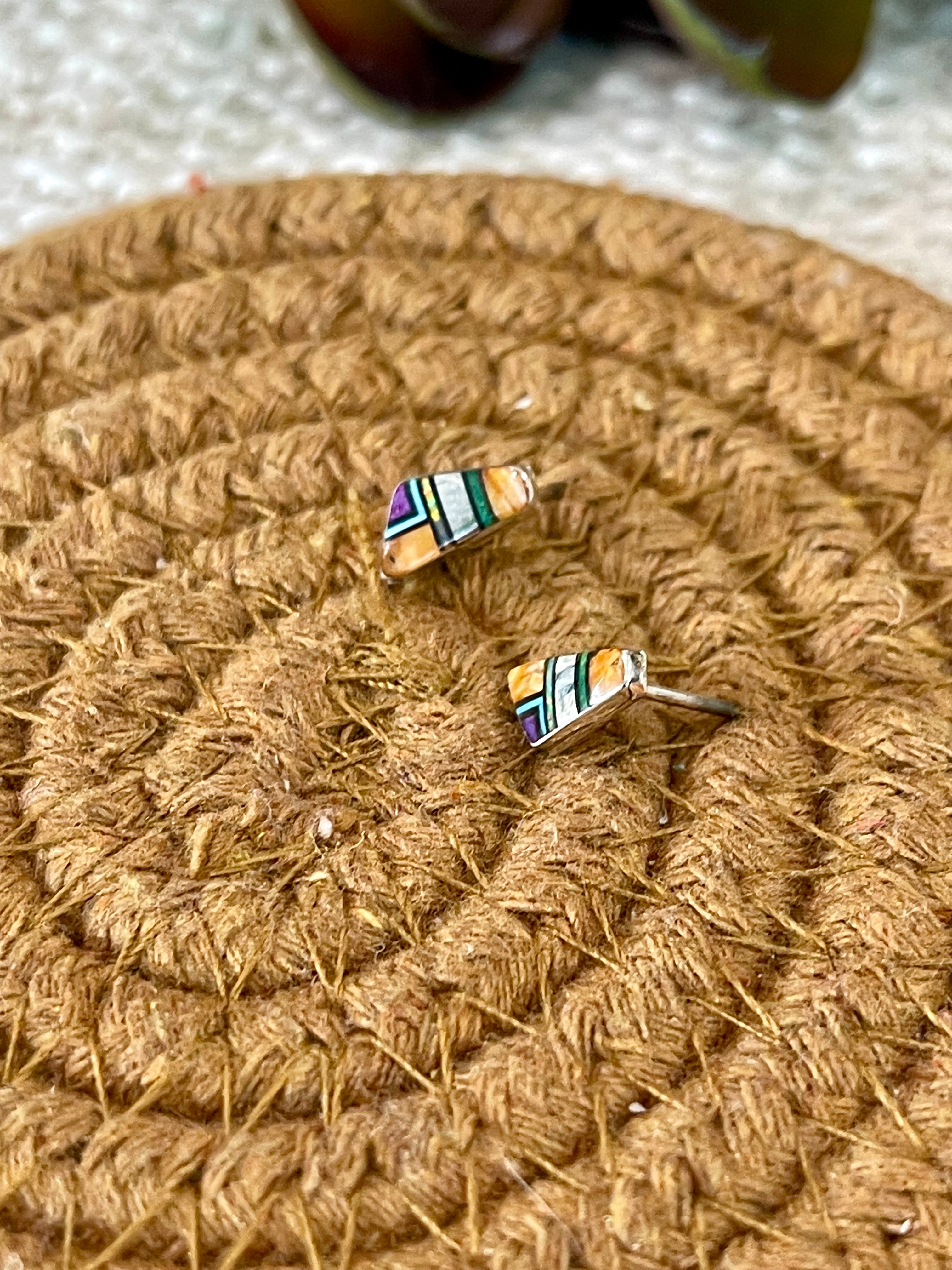 Gorgeous Handmade Sterling Silver & Multi Stone Inlay Stud Earrings