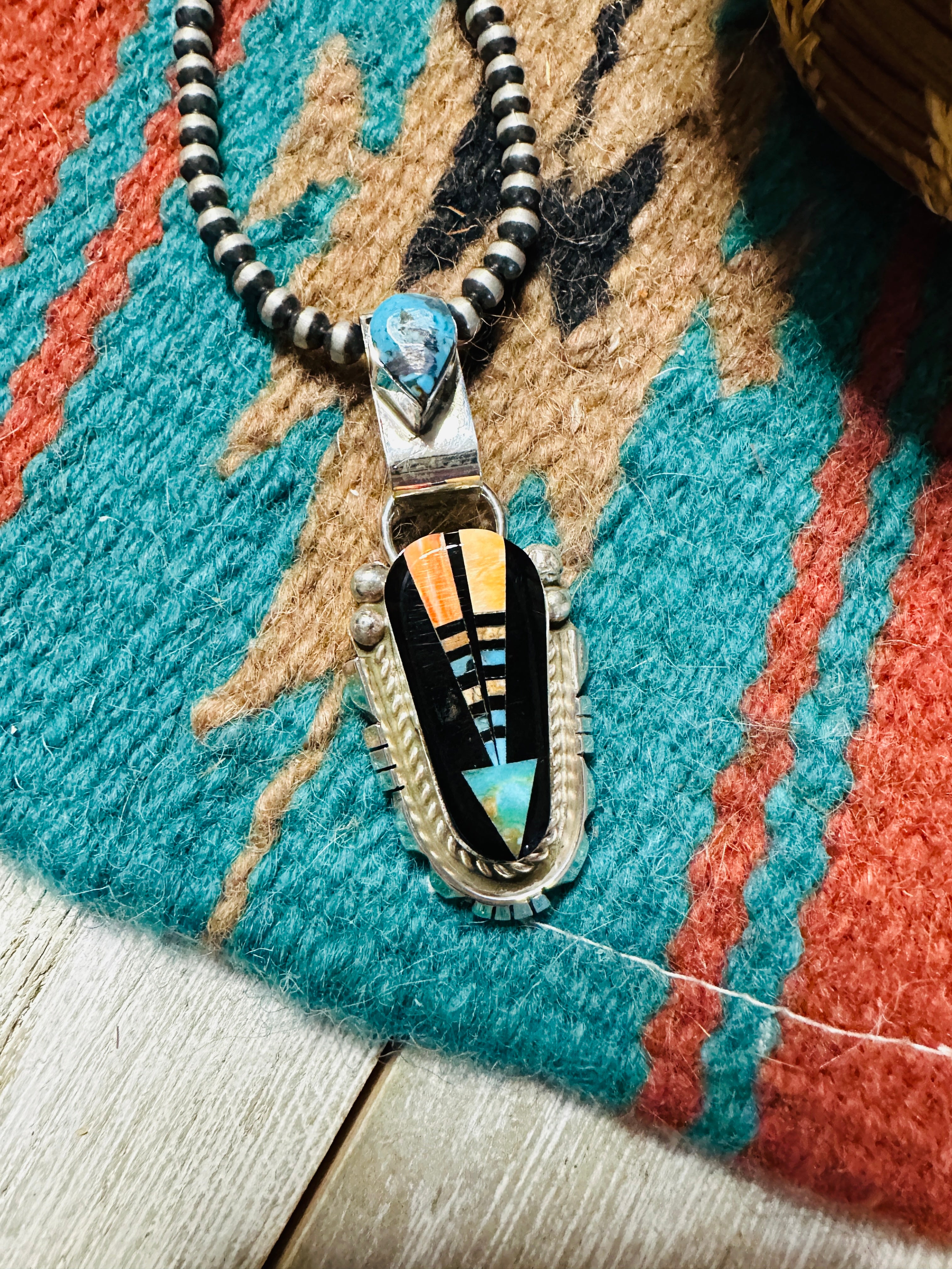 Handcrafted Sterling Silver and Multi Stone Inlay Pendant by Ray Jack