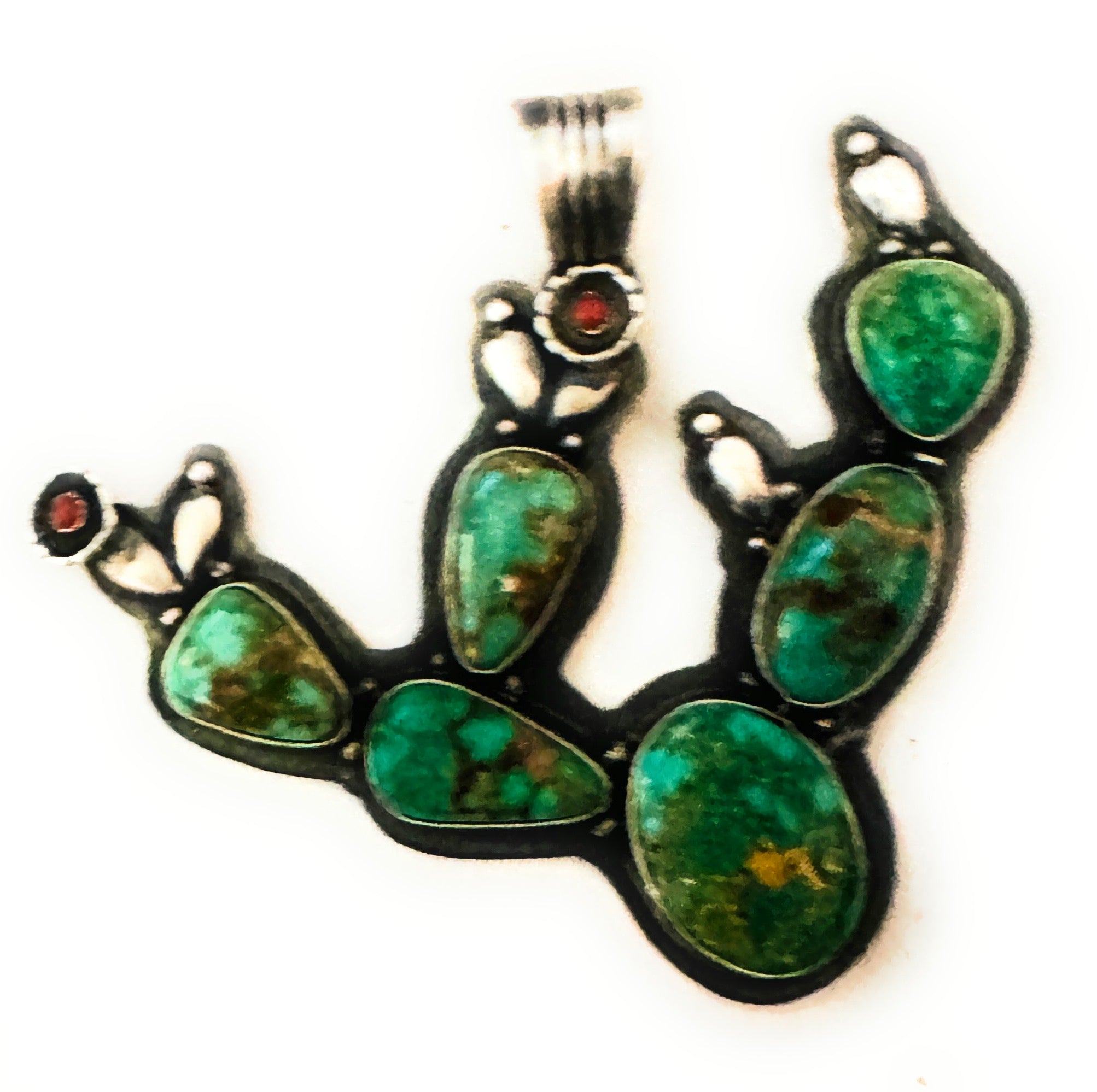 Navajo Turquoise, Coral and Sterling Silver Cactus Pendant