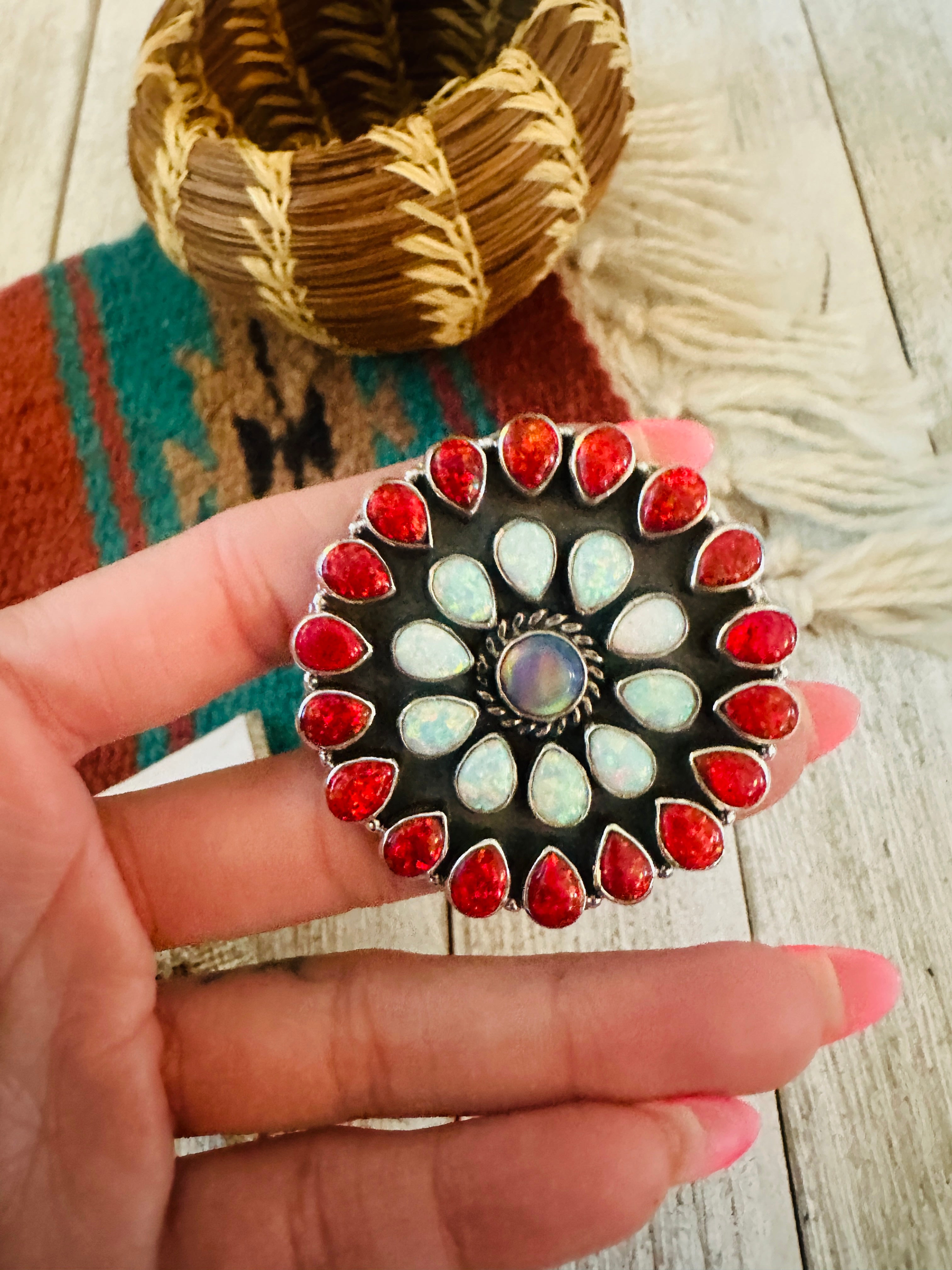 ** Christmas Collection ** Handmade Sterling Silver, Coral & Opal Adjustable Ring Signed Nizhoni