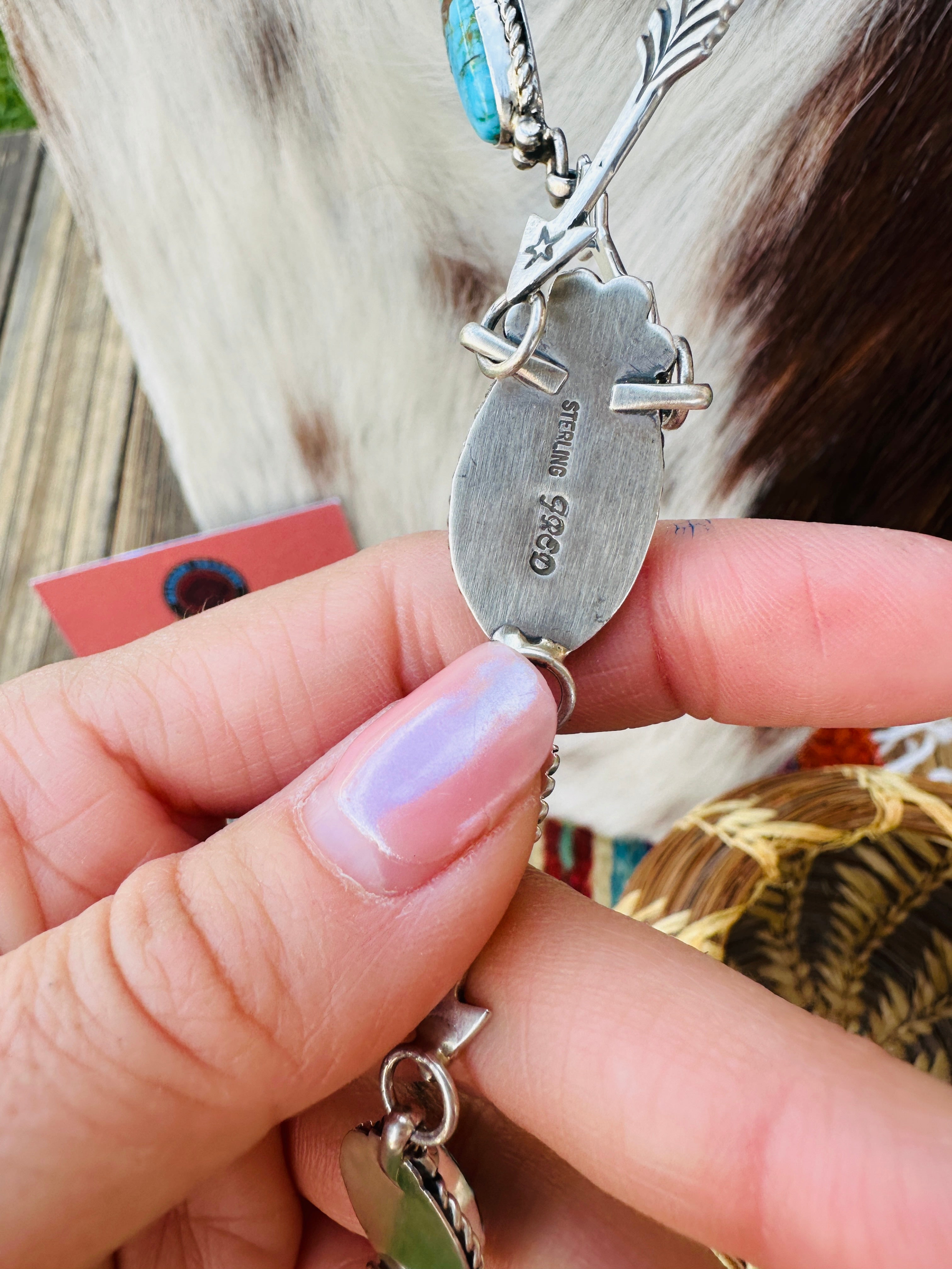 Handcrafted Turquoise & Sterling Silver Arrow Necklace and Earring Set by Fred Francis