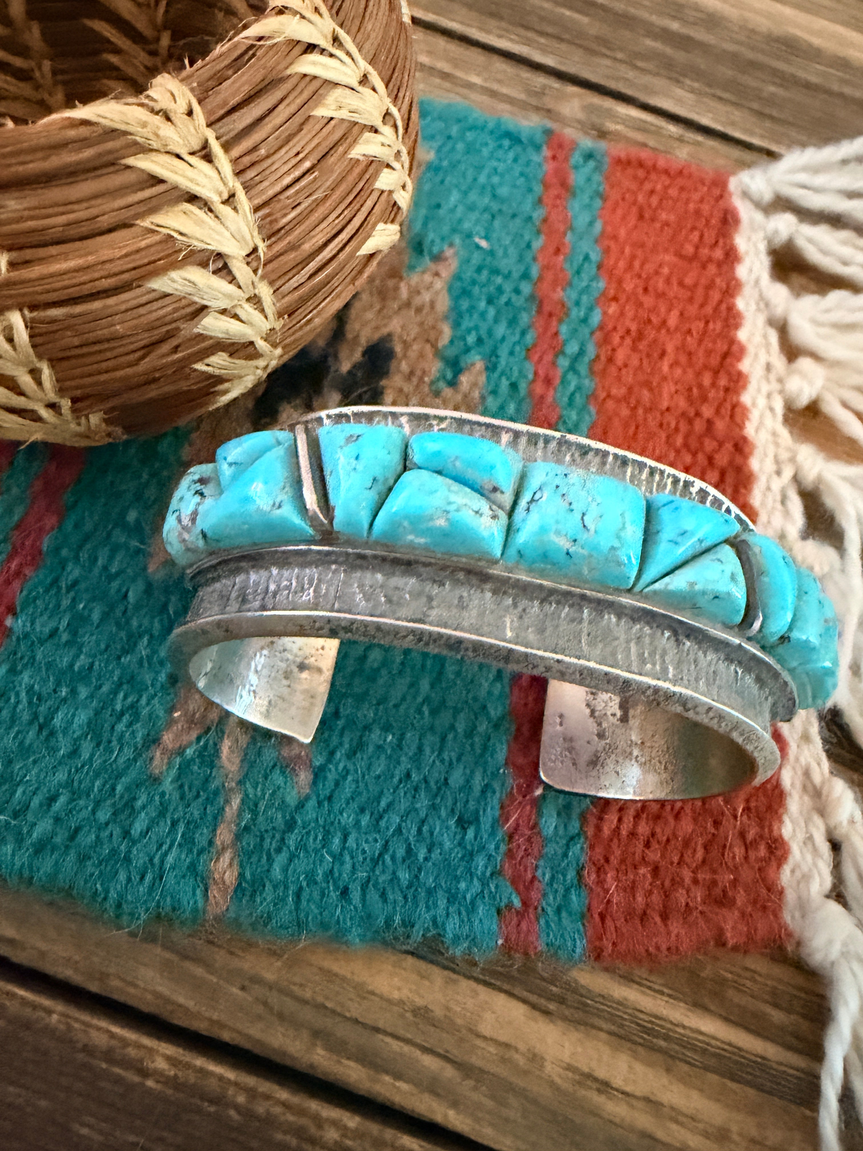 Handcrafted Old Pawn Sterling Silver & Turquoise Cobble Stone Inlay Cuff Bracelet