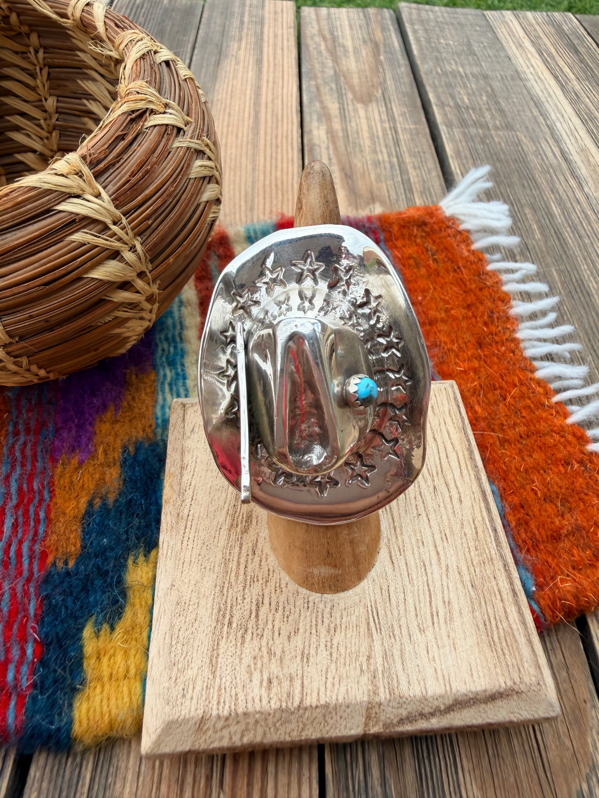 Handcrafted Turquoise and Sterling Silver Cowboy Hat Adjustable Ring