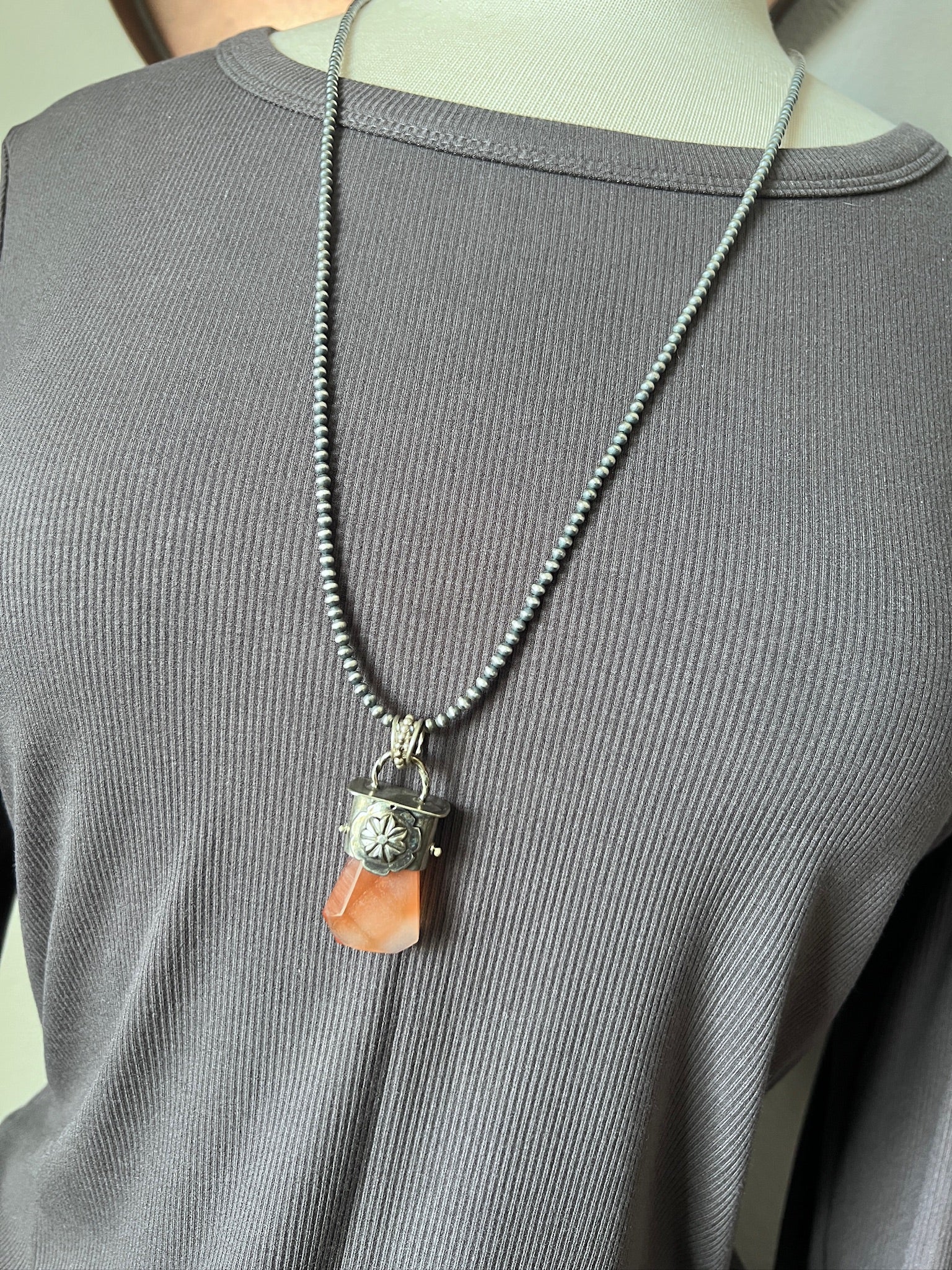 Sterling Silver Gem Collector 30” + 2” Beaded Necklace w/ Red Botswana Agate & Rosette Pendant