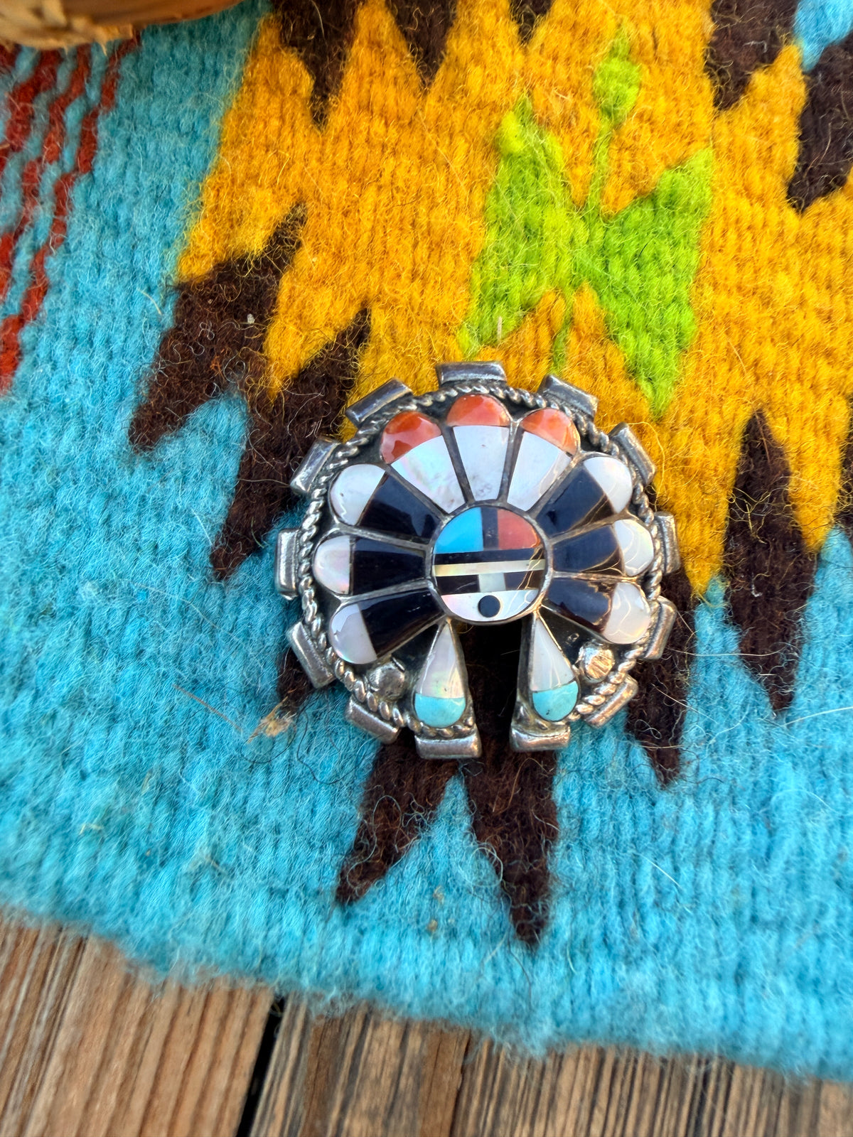Old Pawn Handcrafted Multi Stone and Sterling Silver Inlay Sun Face Brooch/ Pendant