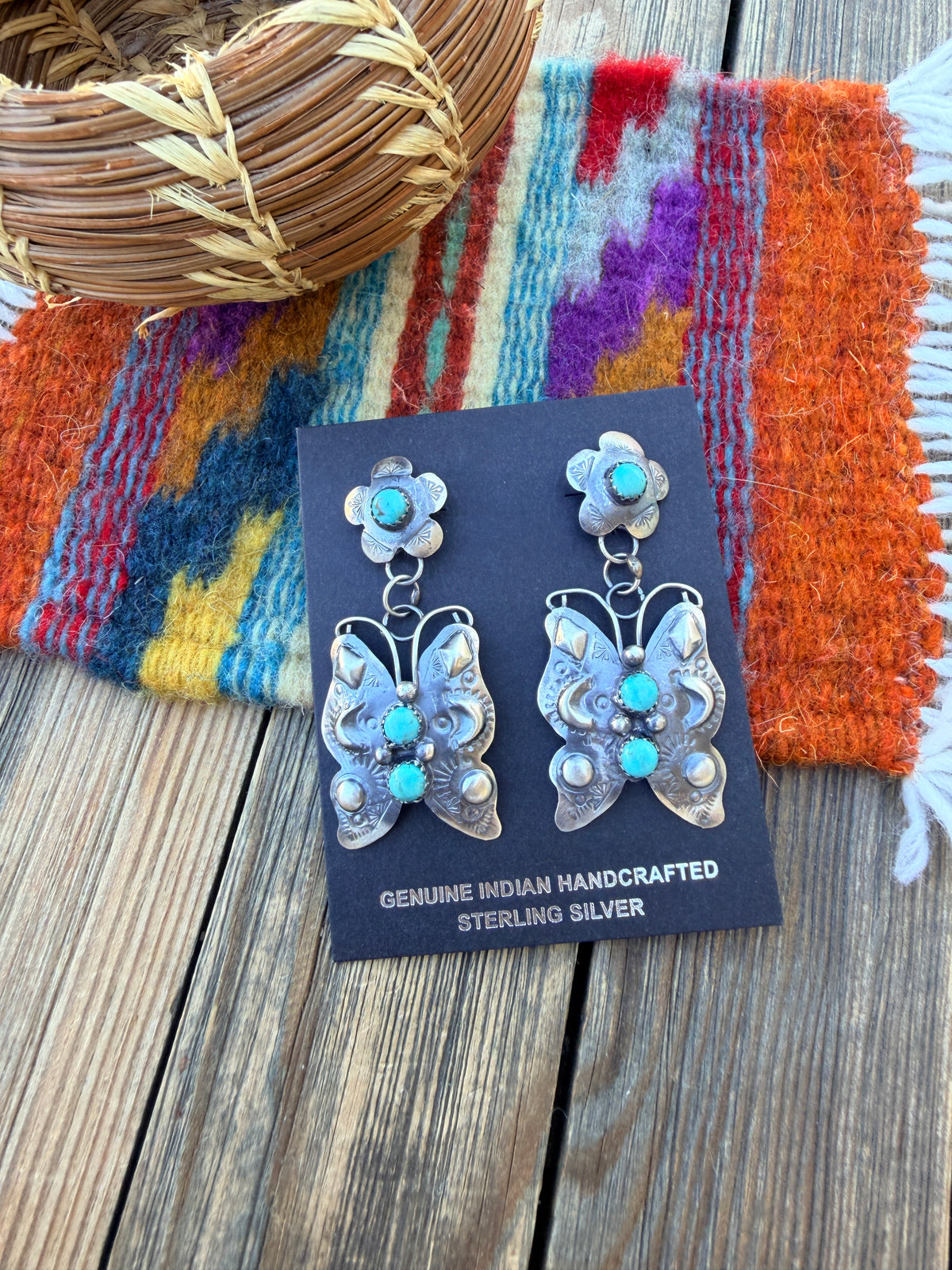 Handcrafted Sterling Silver & Turquoise Butterfly Dangle Earrings by Tim Yazzie