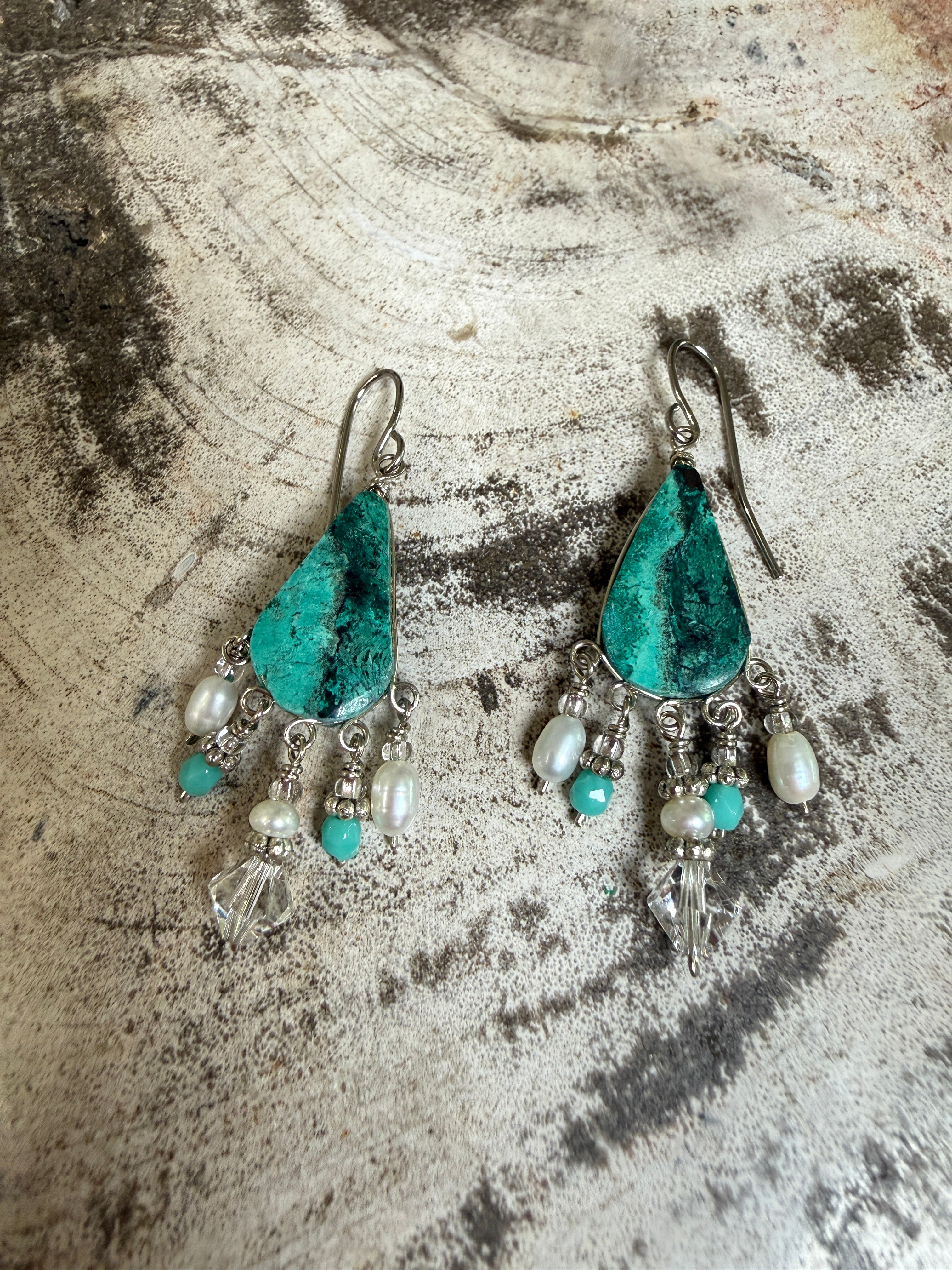 “The Golden Collection”  Electric Sky Handmade Turquoise, Mother of Pearl Beaded Surgical Steel Earrings