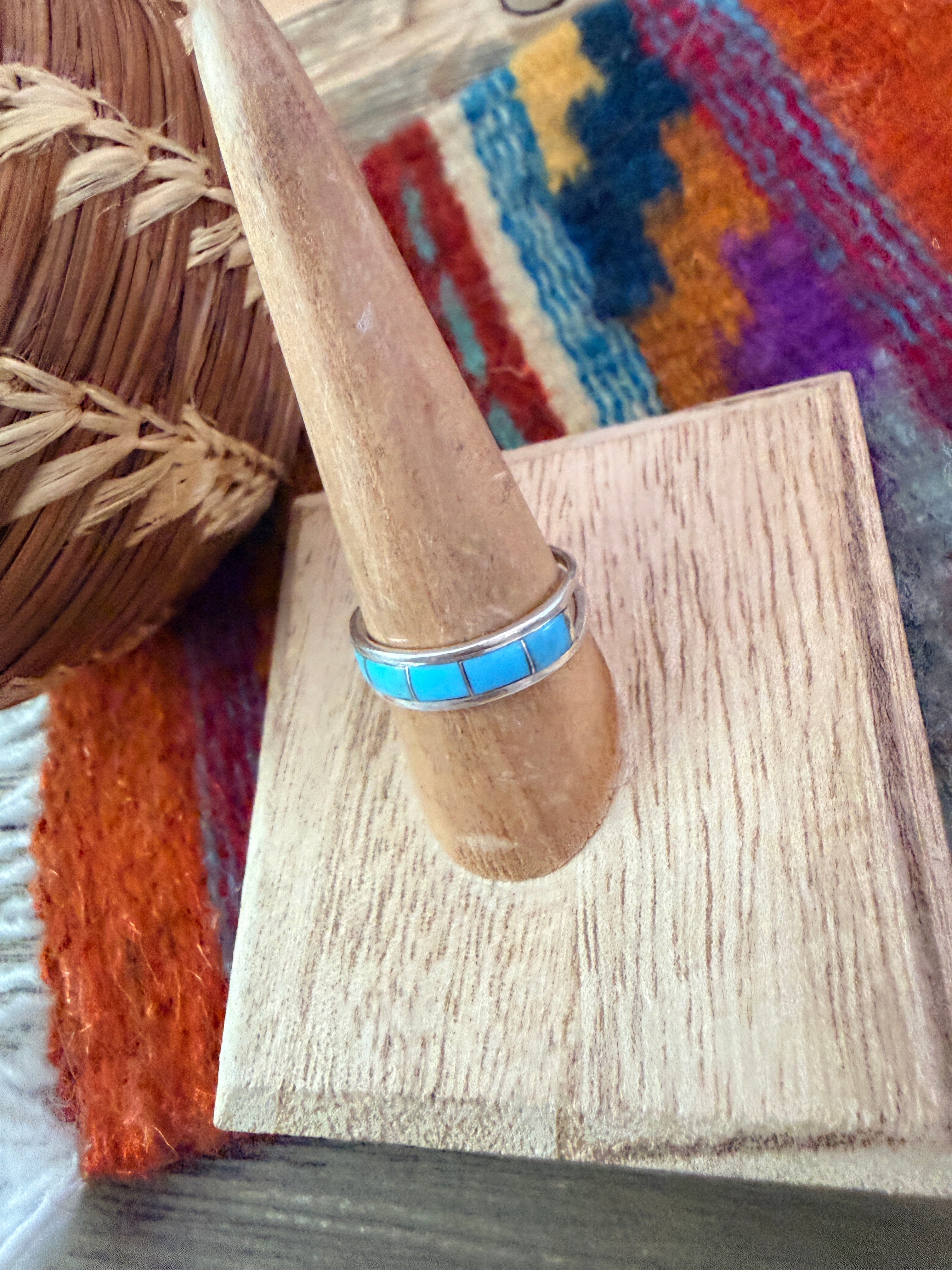 Old Pawn Handcrafted Turquoise & Sterling Silver Inlay Band Ring Size 8.25