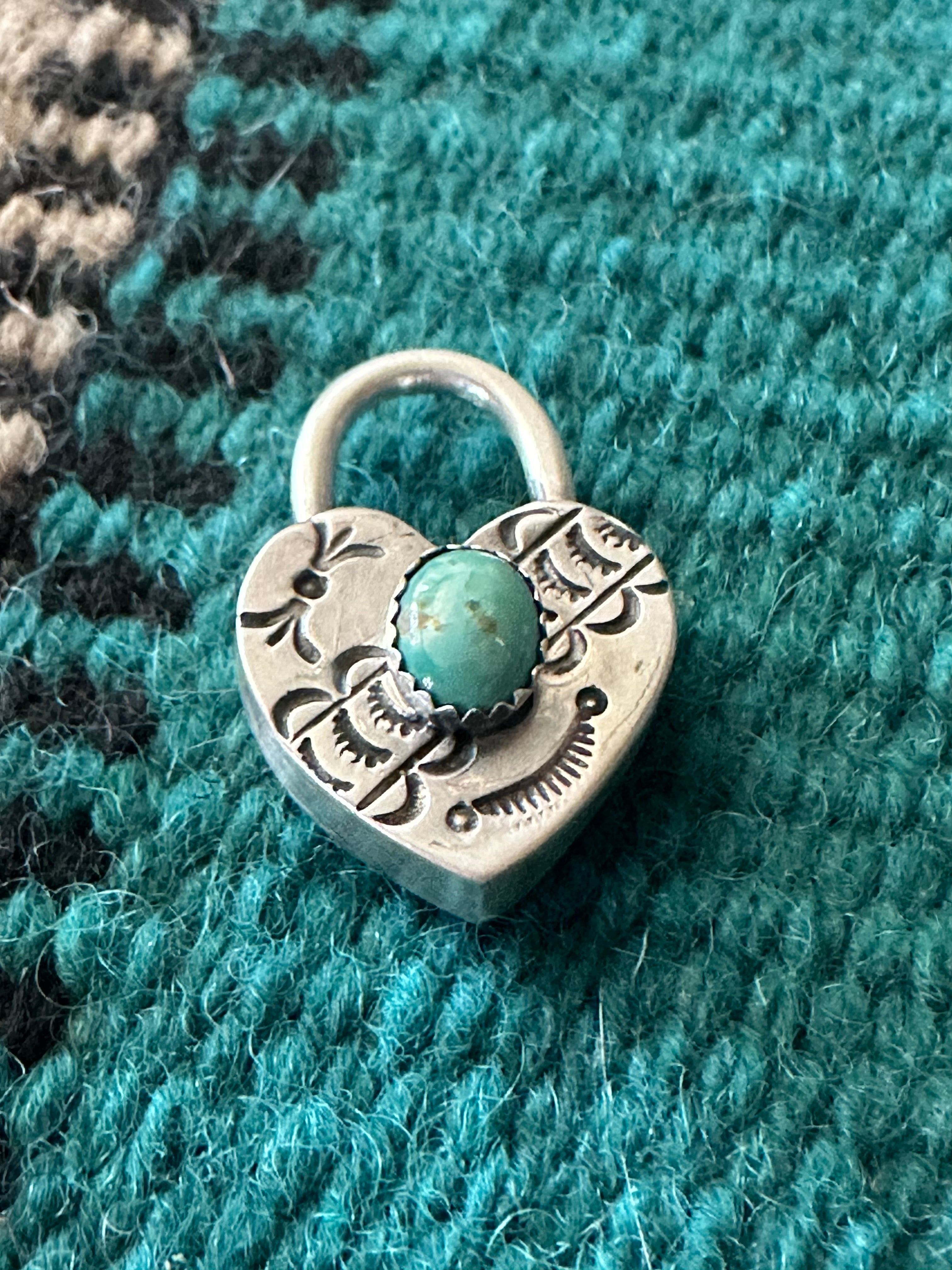 Navajo Turquoise & Sterling Silver Heart Locket Pendant Signed Russell Sam BLUE TONES