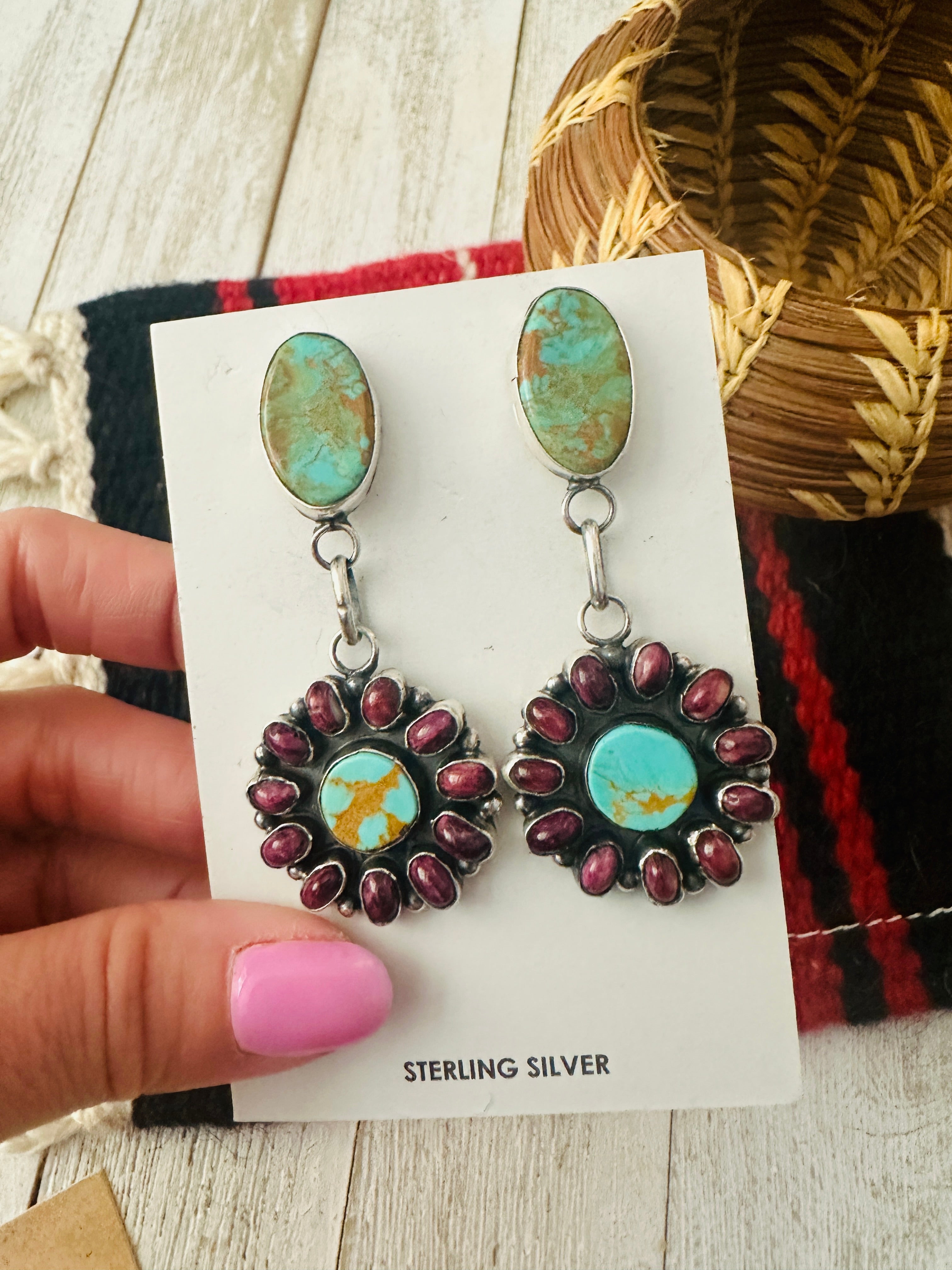 Navajo Turquoise, Spiny & Sterling Silver Dangle Earrings by Jacqueline Silver