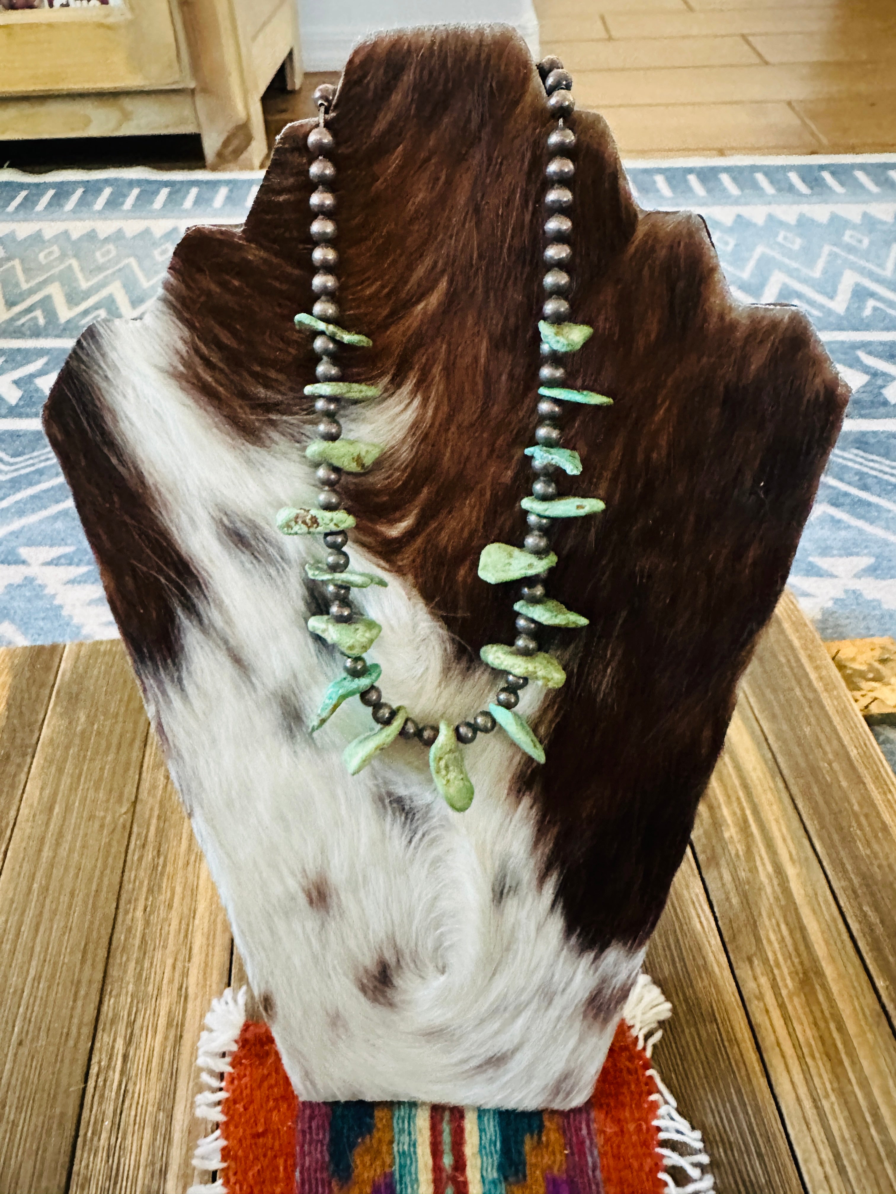 Old Pawn Handcrafted Turquoise & Sterling Silver Beaded 16” Necklace