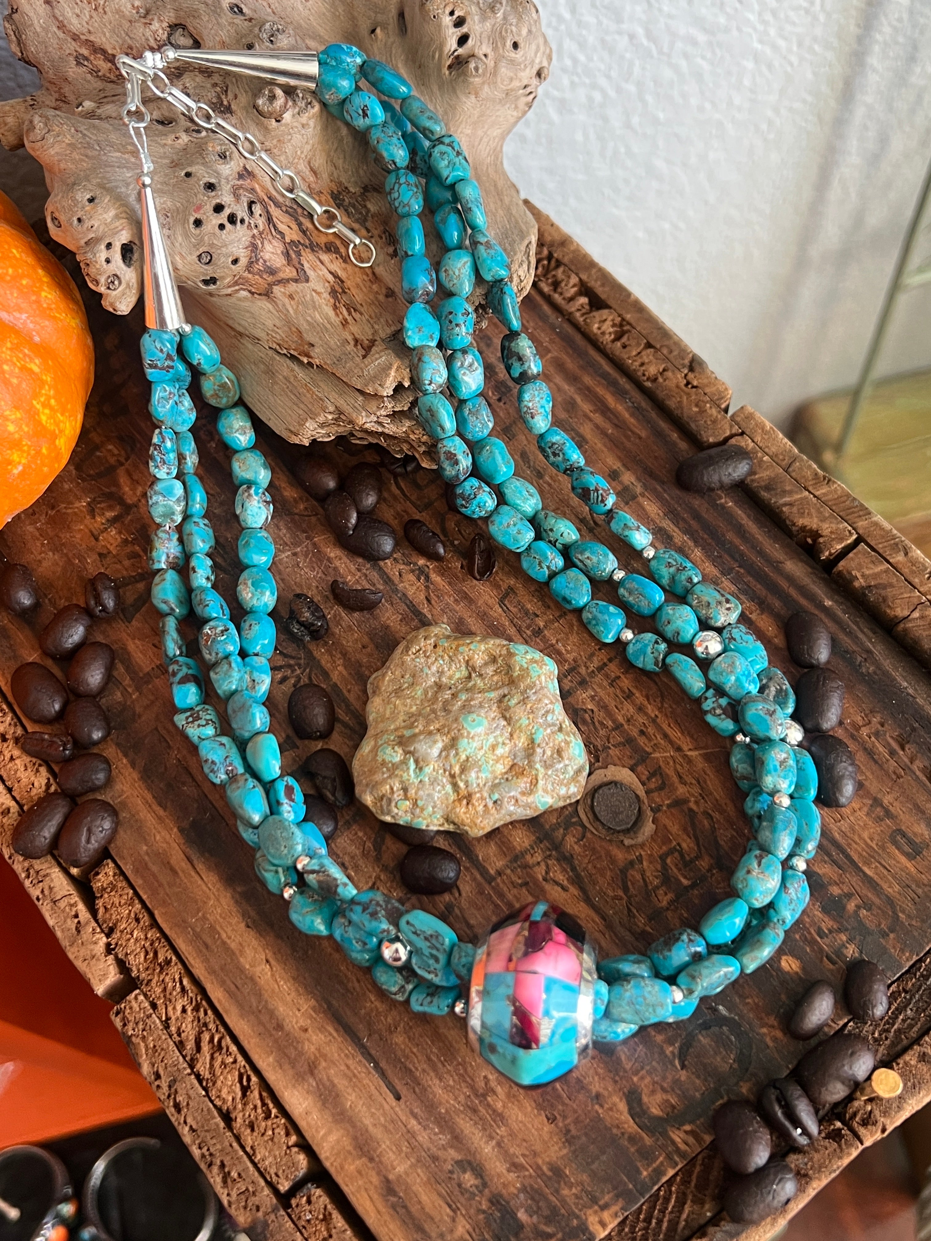 Daniel Coriz Triple Strand Turquoise and Sterling Beaded Necklace w/ Removable Sterling Silver & Stone Inlay Bead