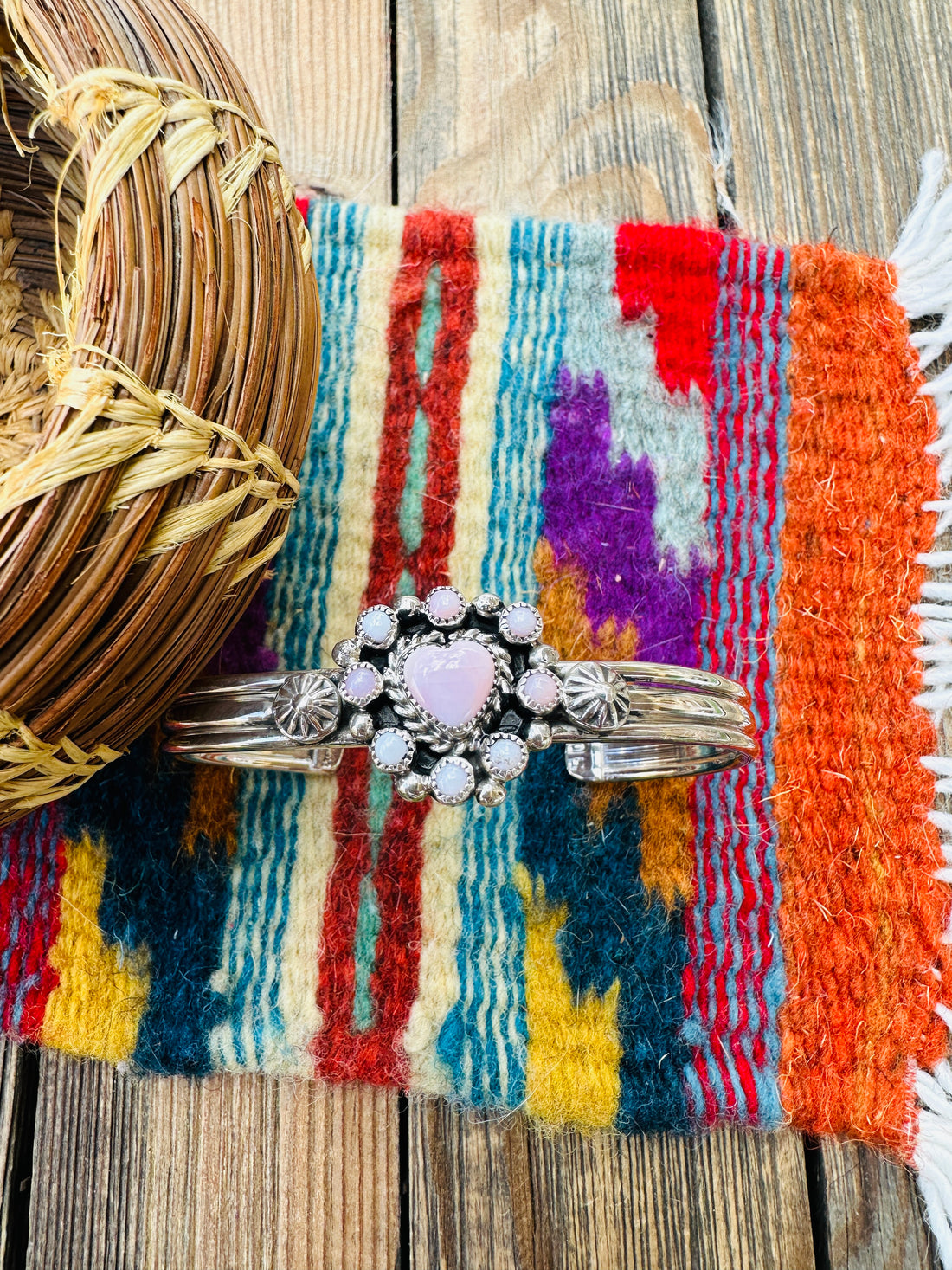 Handcrafted Queen Pink Conch & Sterling Silver Heart Cuff Bracelet