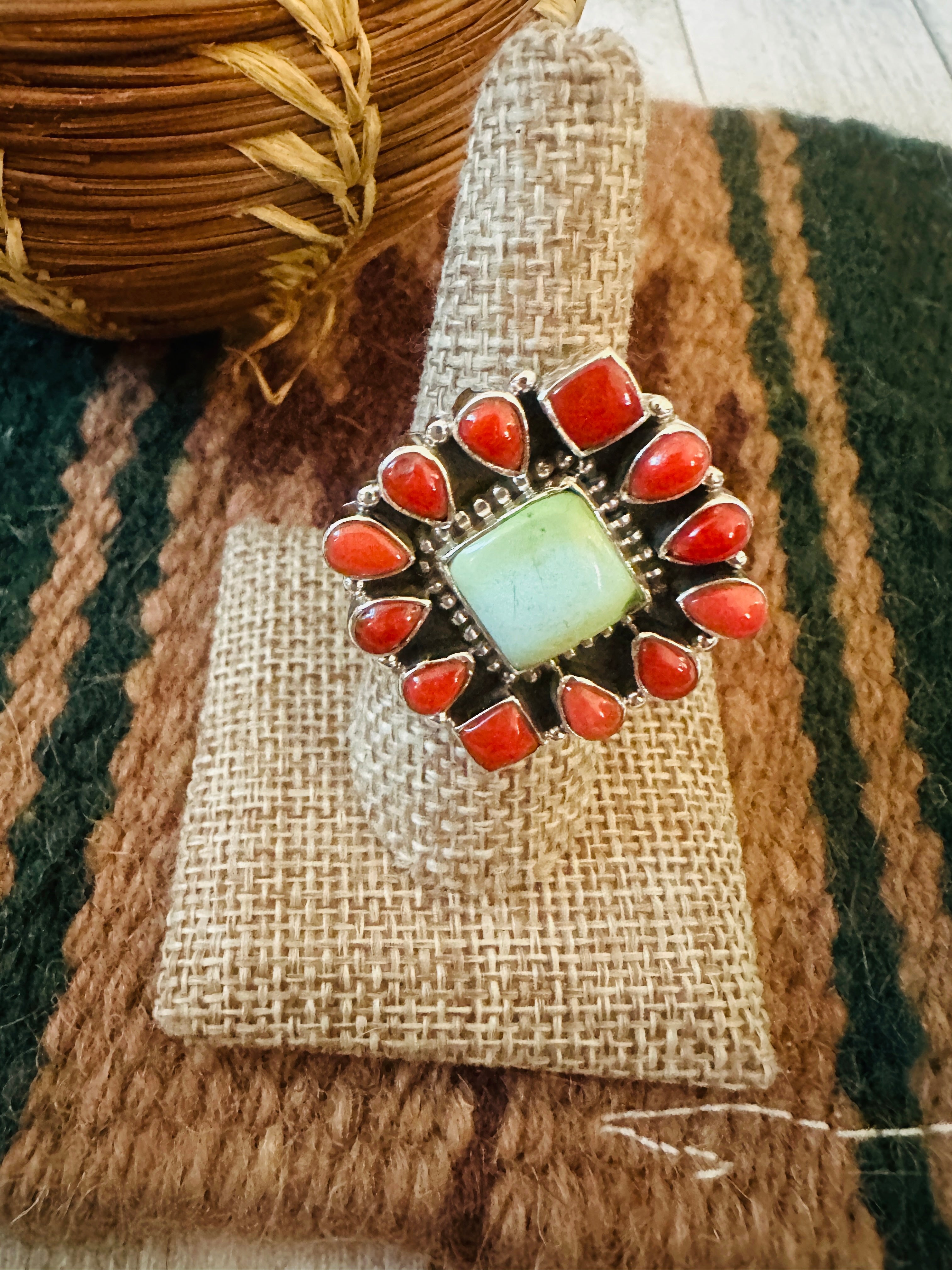 ** Christmas Collection ** Handmade Sterling Silver, Turquoise & Coral Adjustable Ring Signed Nizhoni
