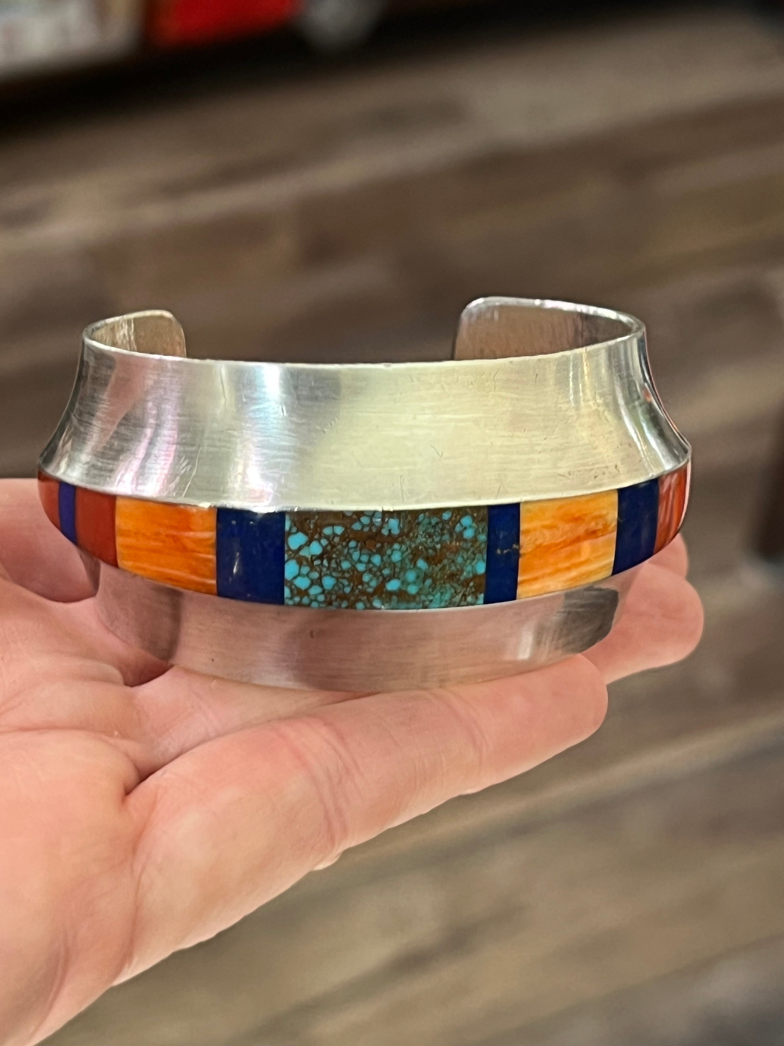 Old Pawn Sterling Silver, Number 8 Turquoise, Lapis, Spiny Oyster and Coral Inlay Cuff Bracelet by Duane Maktima /