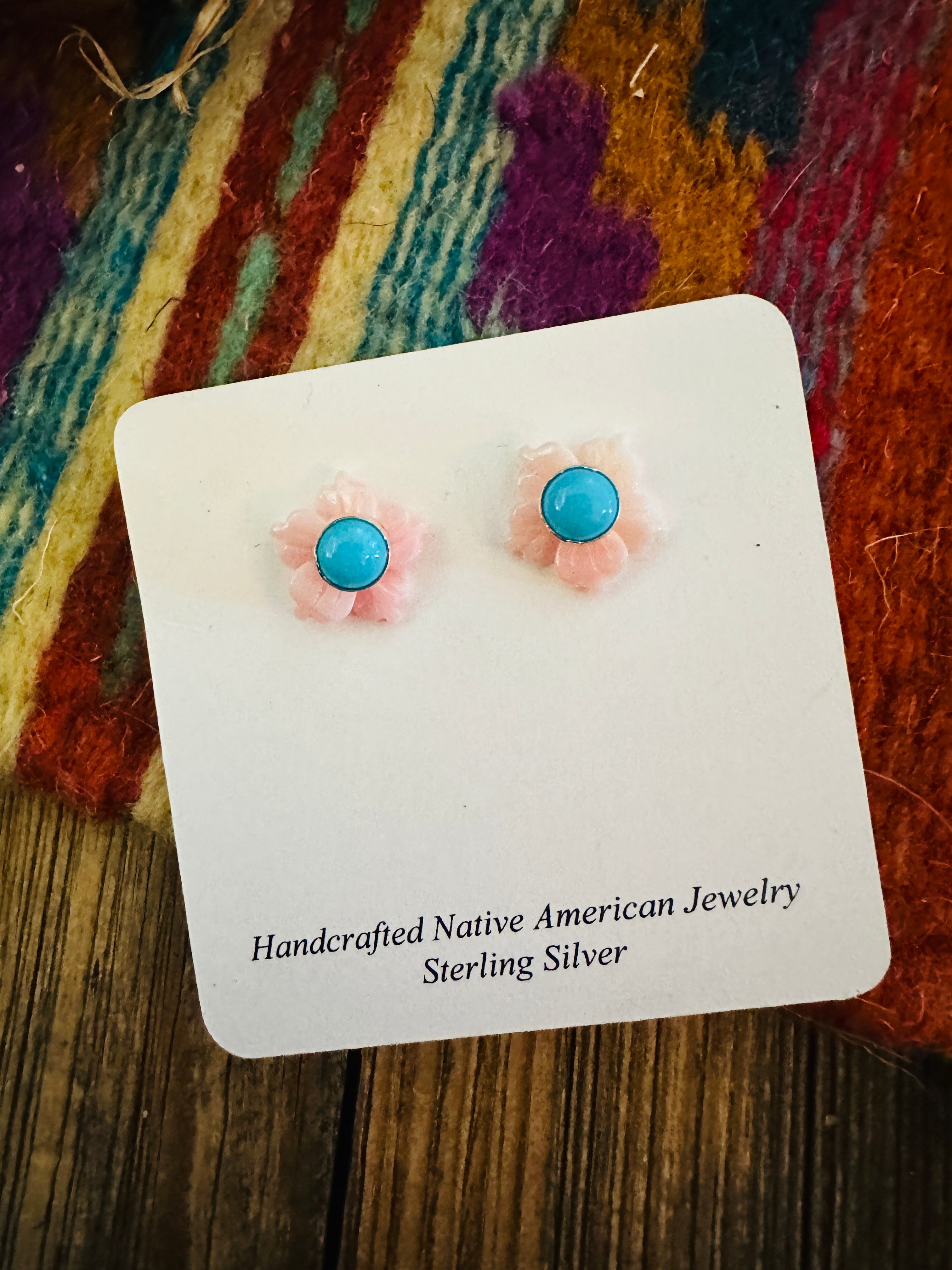 Handcrafted Queen Pink Conch, Turquoise & Sterling Silver Flower Stud Earrings
