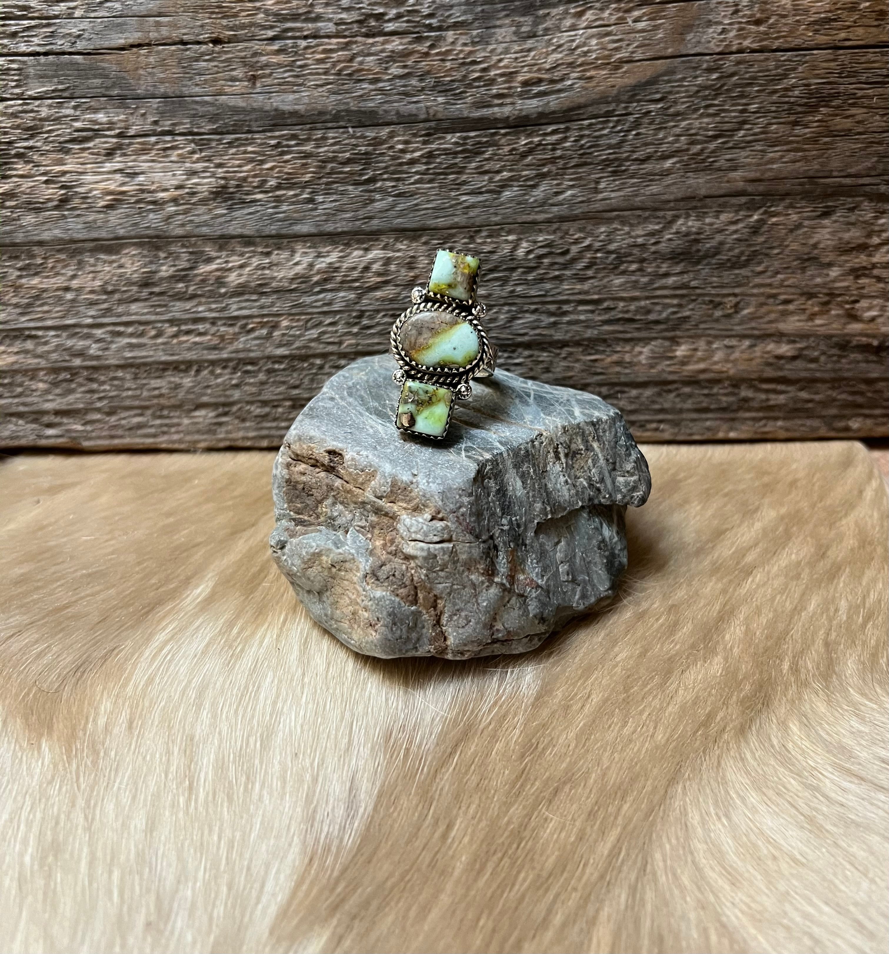 Handmade 3 Stone Palomino Turquoise & Sterling Silver Adjustable Ring