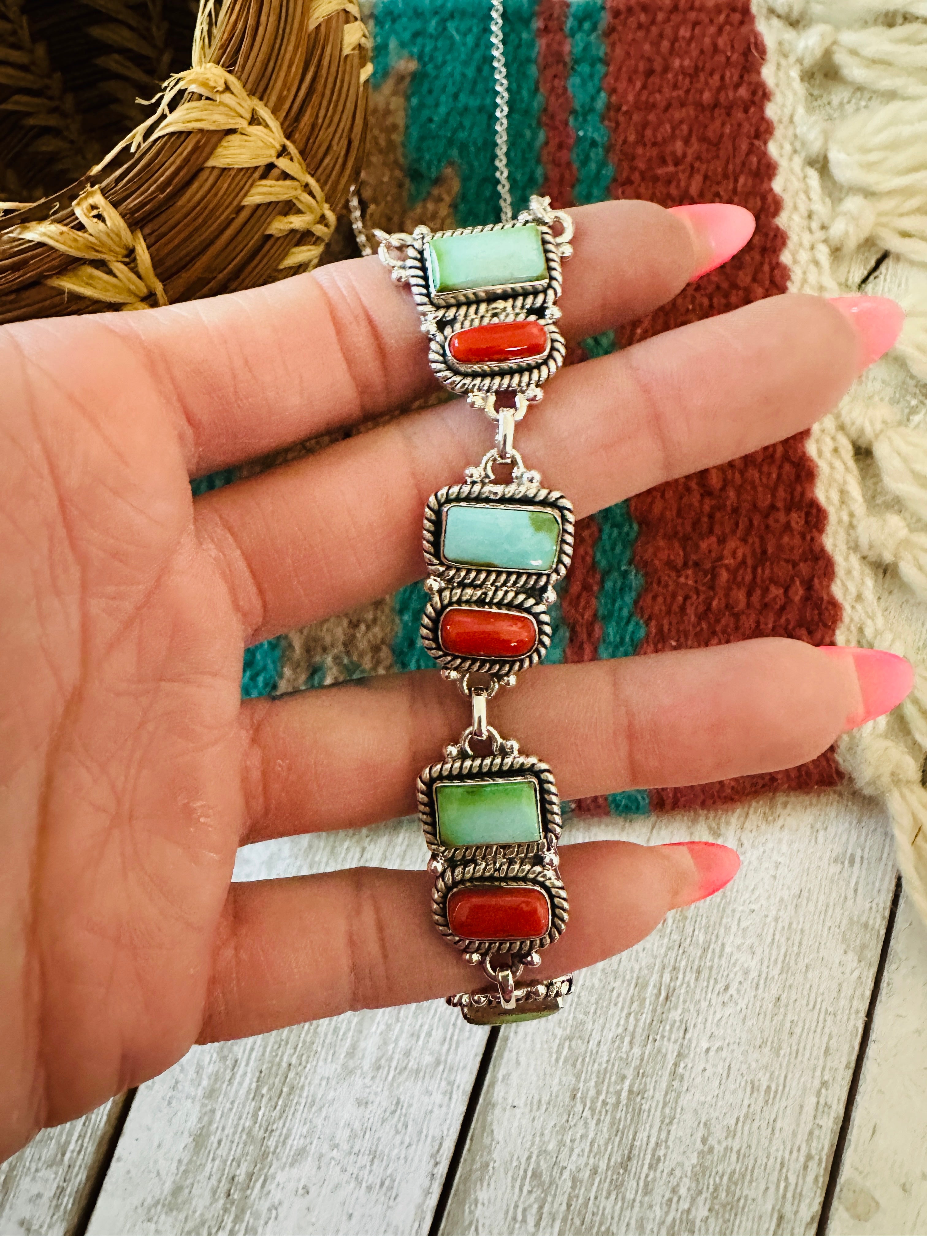 ** Christmas Collection ** Handmade Sterling Silver, Turquoise & Coral Necklace Signed Nizhoni