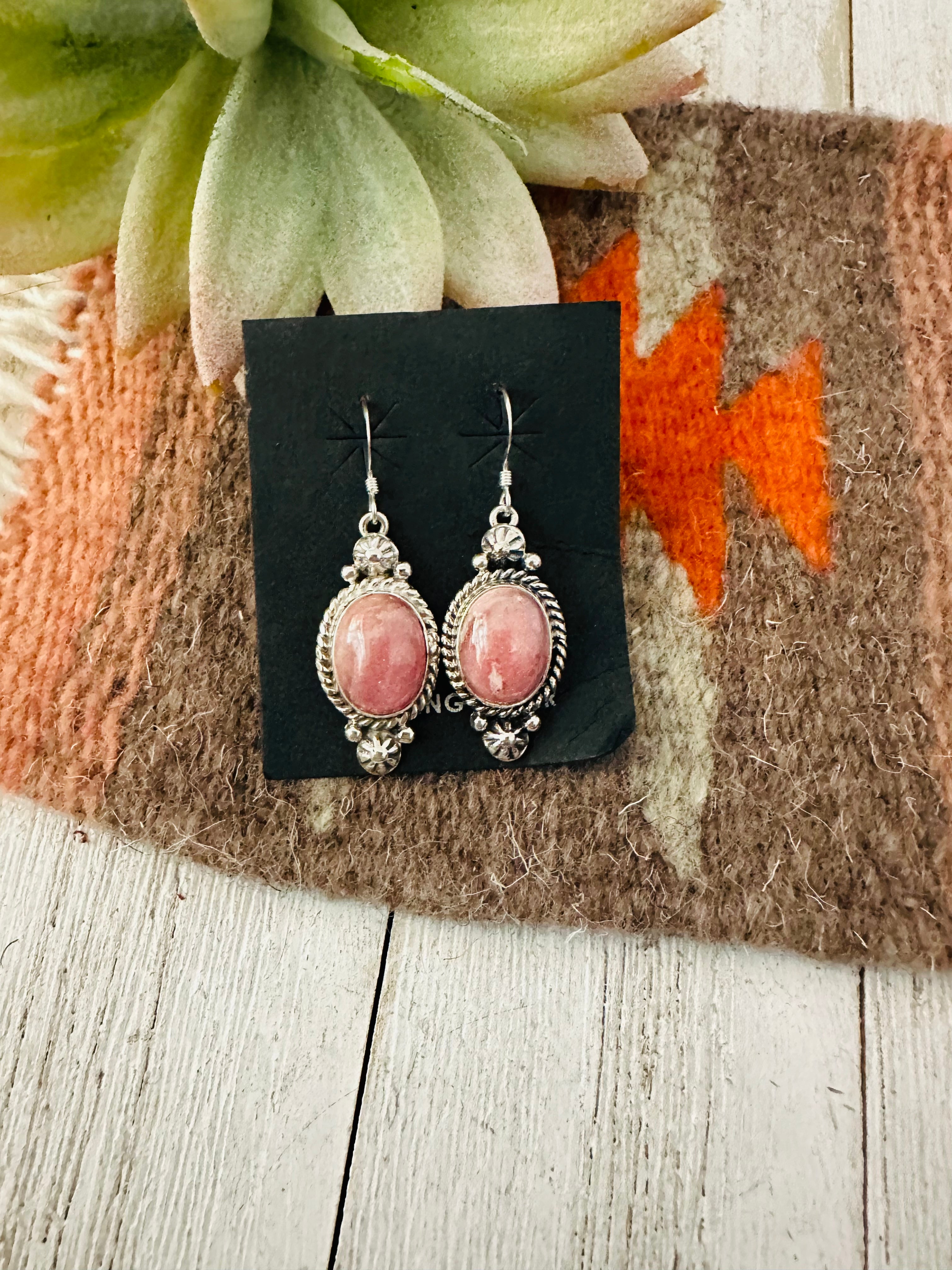 Navajo Rhodochrosite and Sterling Silver Dangle Earrings