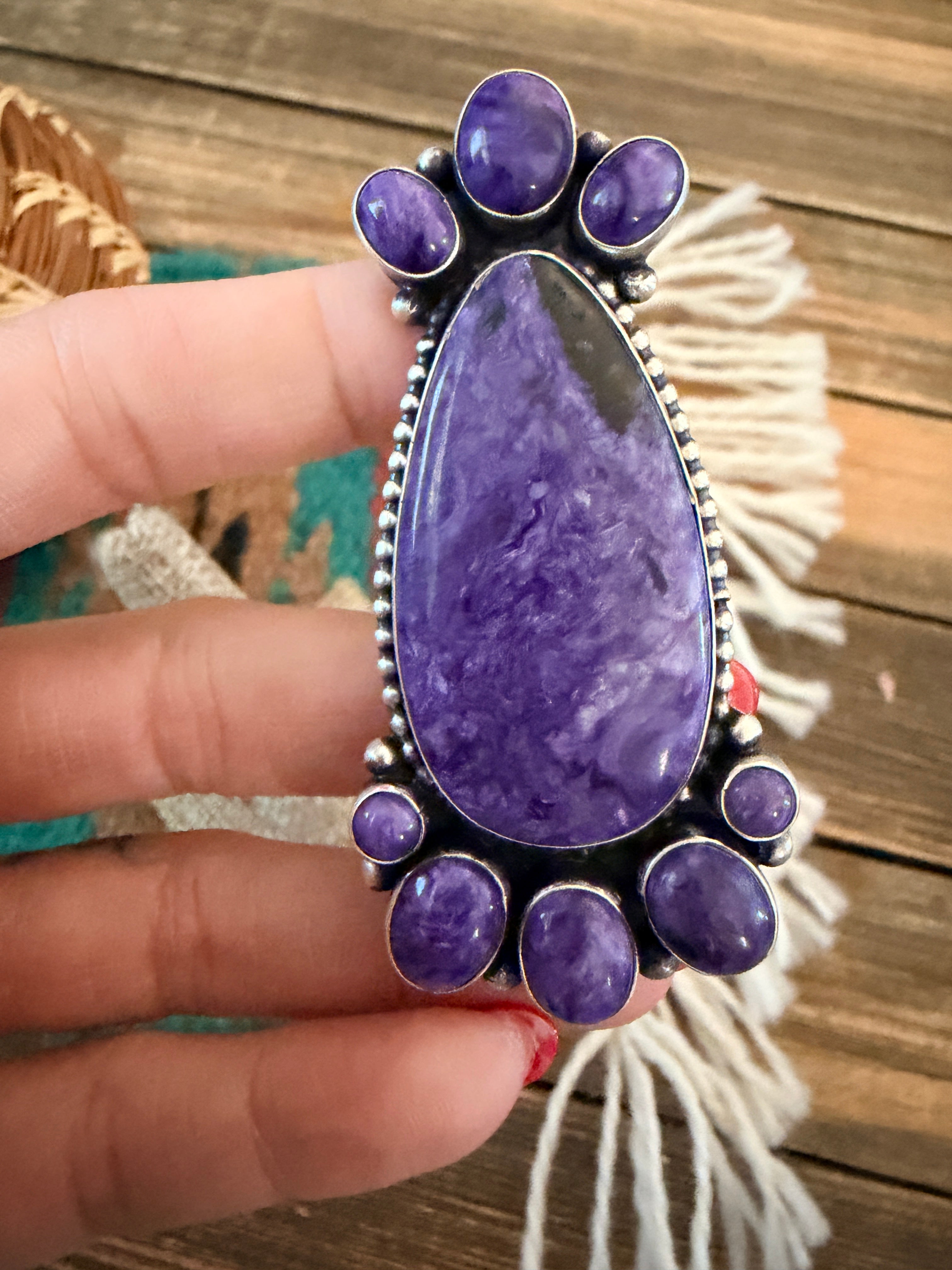 Handcrafted Charoite & Sterling Silver Cluster Ring by Blaine Yellowhorse