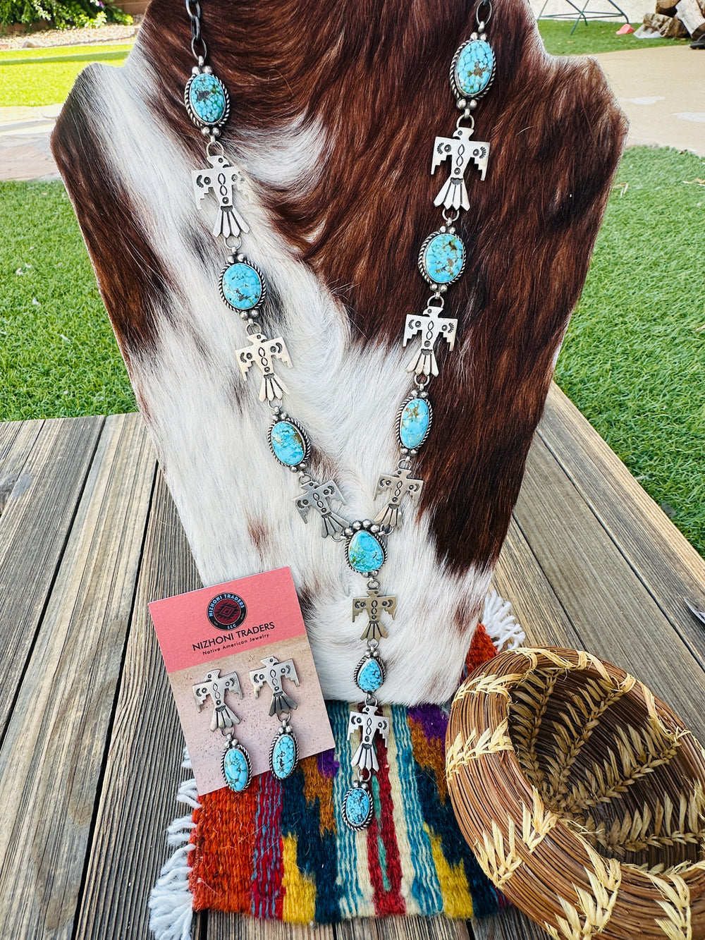 Handcrafted Turquoise & Sterling Silver Thunderbird Necklace and Earring Set by Fred Francis