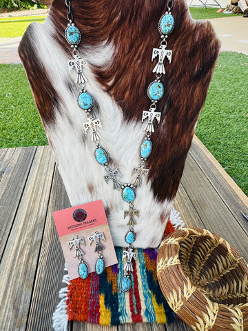 Handcrafted Turquoise & Sterling Silver Thunderbird Necklace and Earring Set by Fred Francis