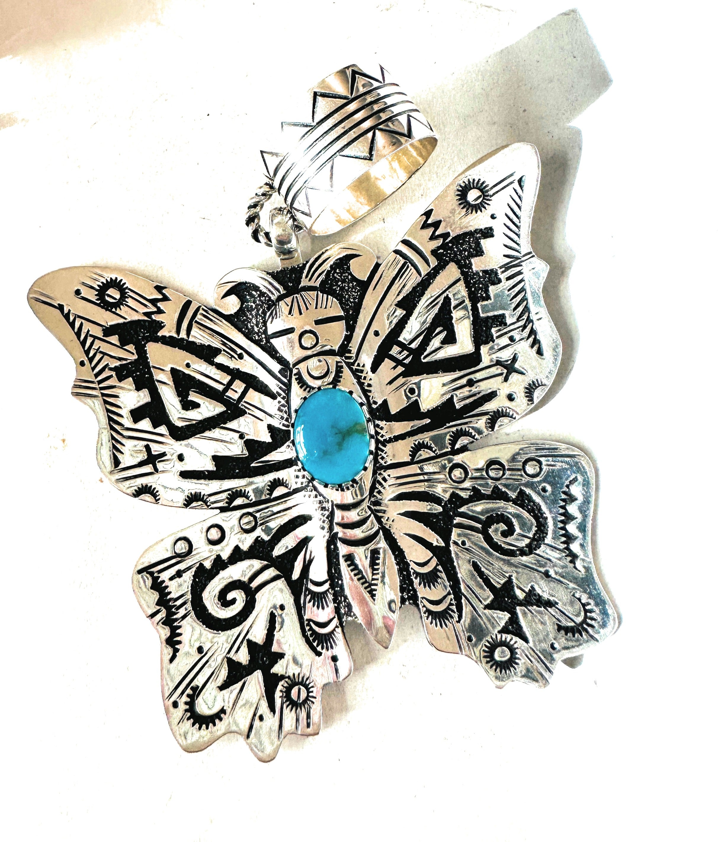 Navajo Turquoise & Sterling Silver Butterfly Pendant Signed Richard Singer